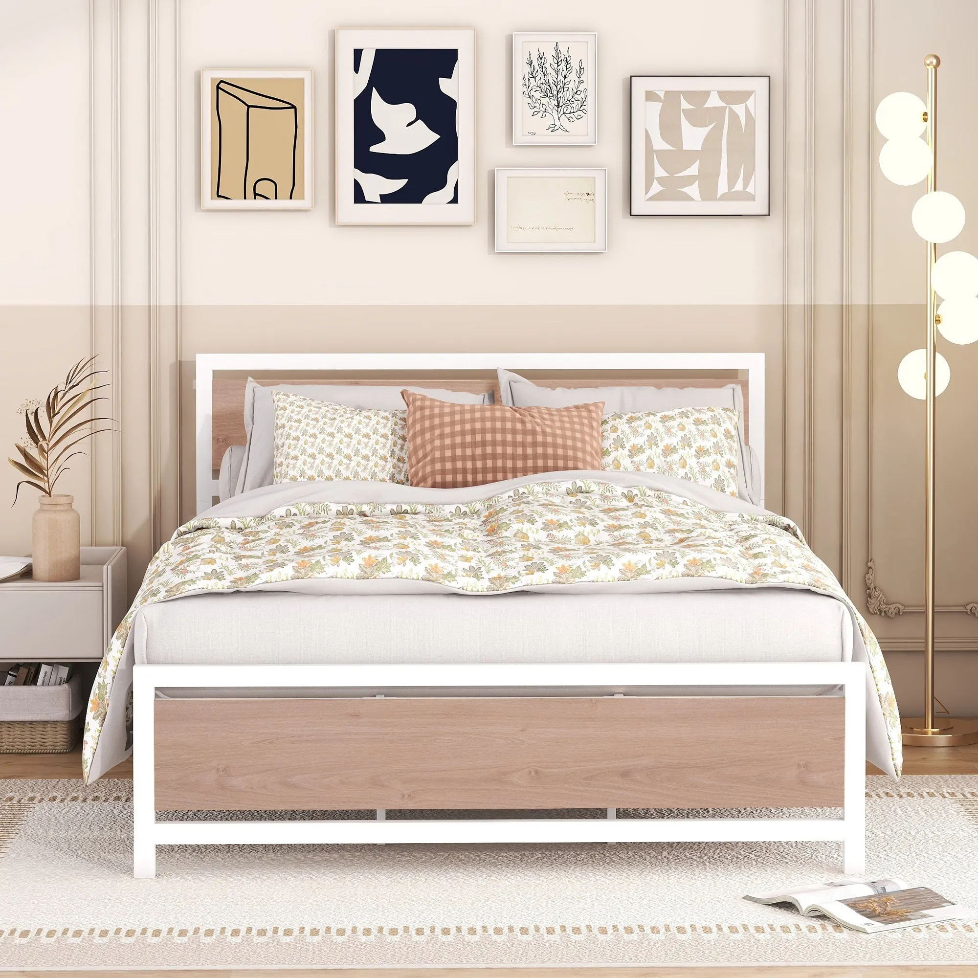 Queen Size Platform Bed, Metal and Wood Bed Frame with Headboard and Footboard , White