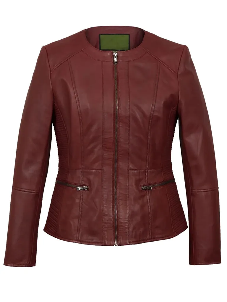 Red Collarless Leather Jacket