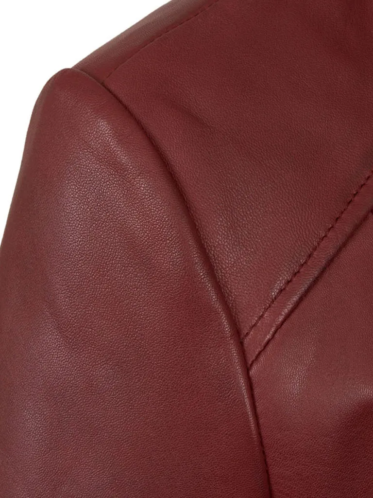 Red Collarless Leather Jacket