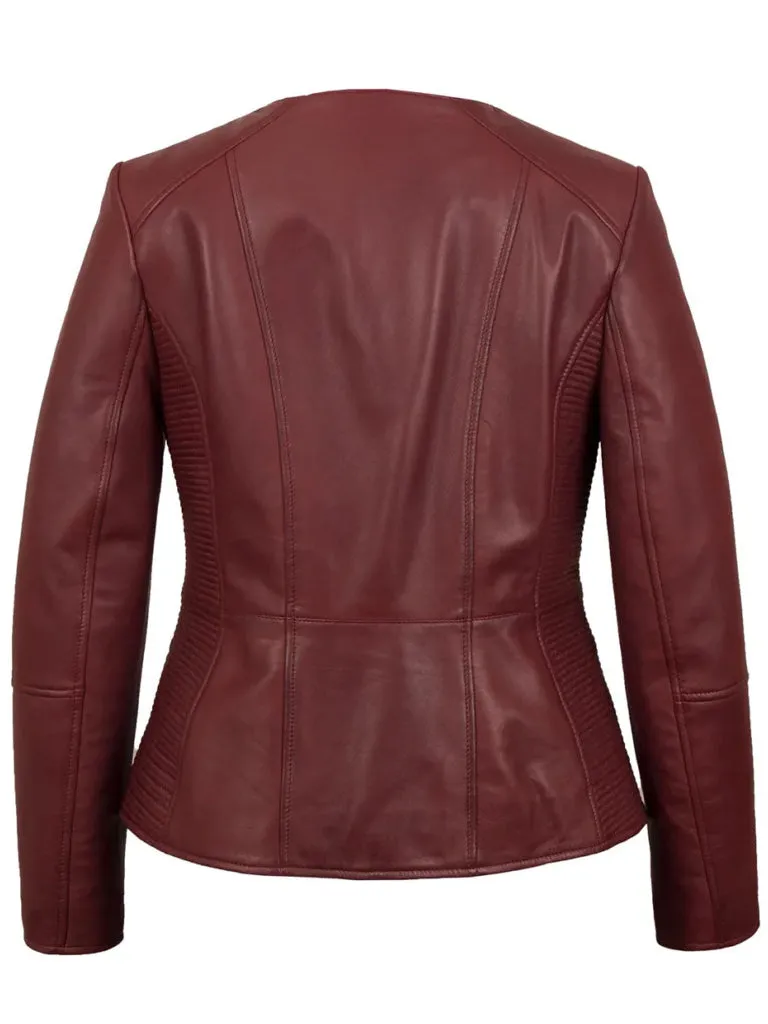 Red Collarless Leather Jacket