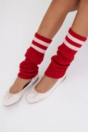 Ribbed Knitted Leg Warmers With Stripes in Red