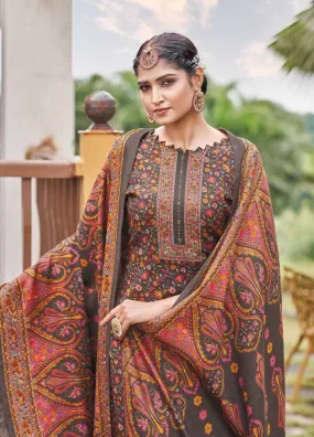 Roli Moli Pashmina Jacquard Dark Brown Unstitched Winter Suits Set