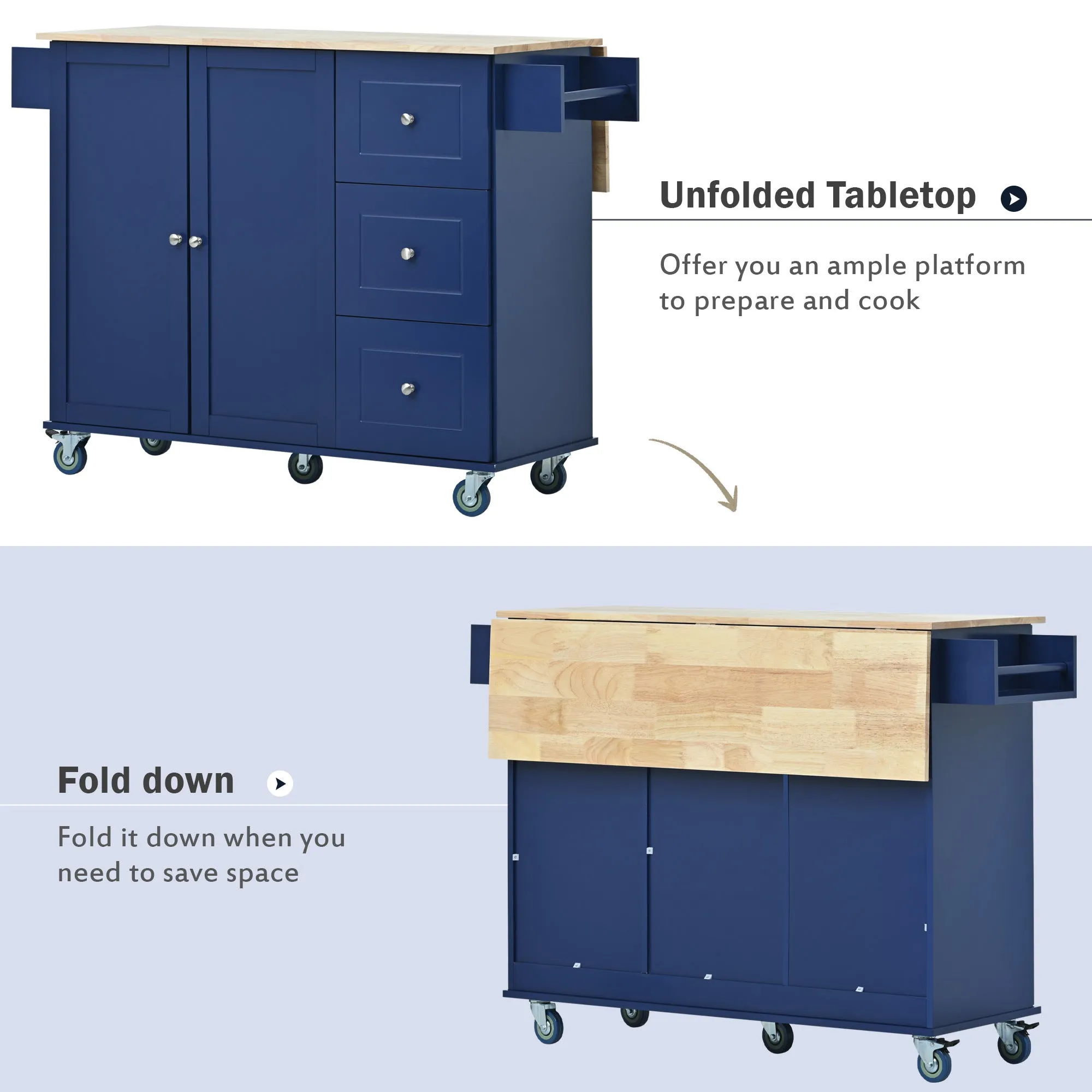 Rolling Mobile Kitchen Island with Drop Leaf - Solid Wood Top, Locking Wheels & Storage Cabinet 52.7 Inch Width(Dark blue)