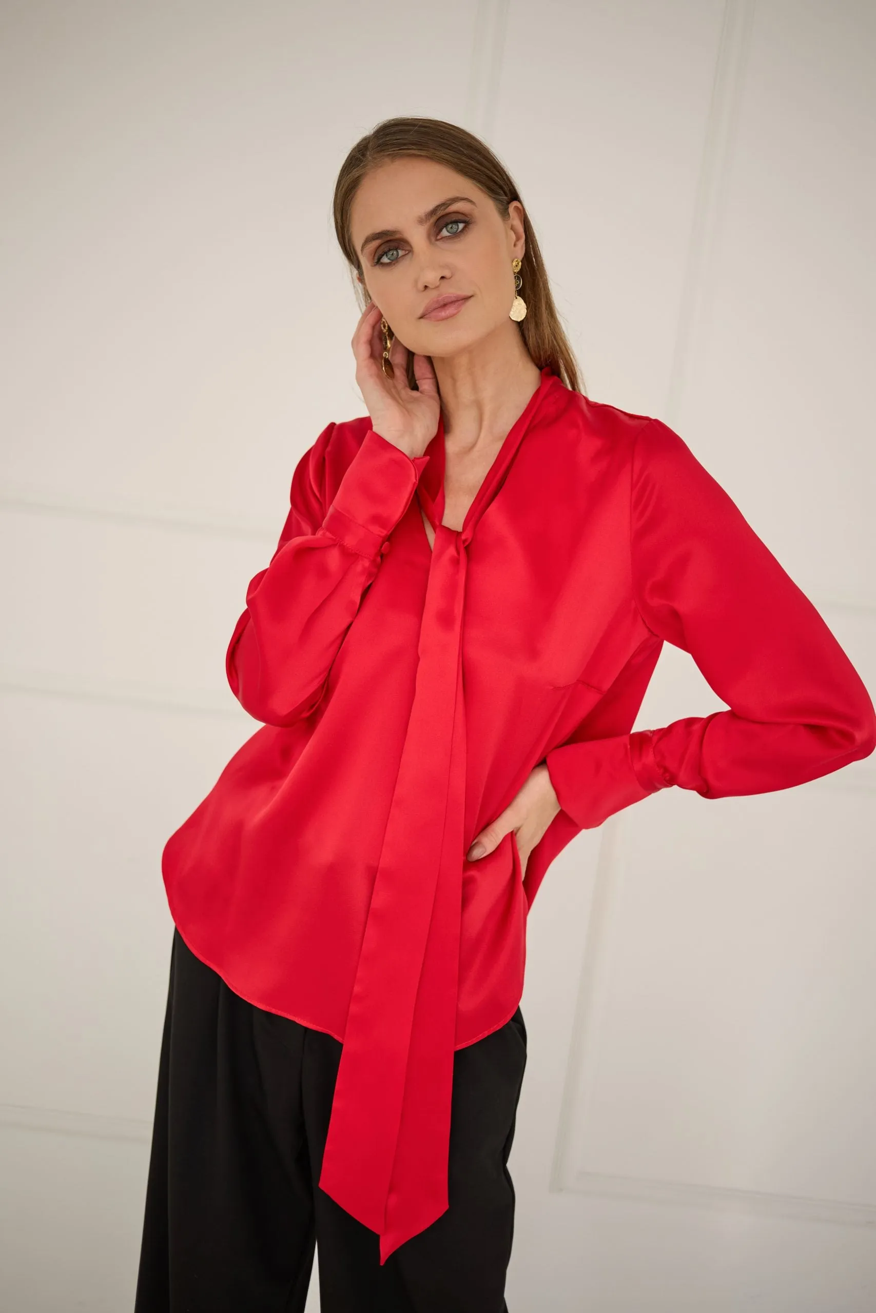 Silk Blouse With a Sash Red