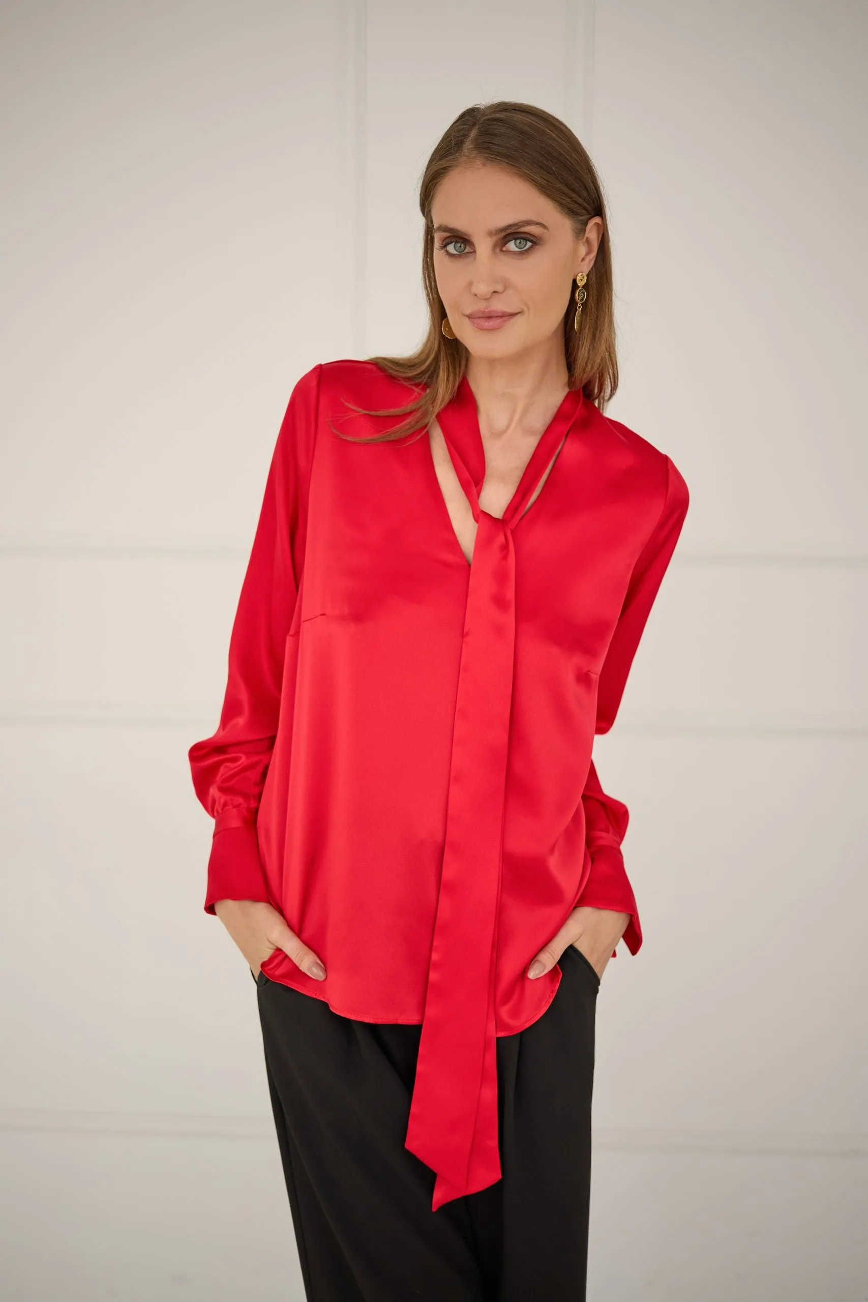 Silk Blouse With a Sash Red