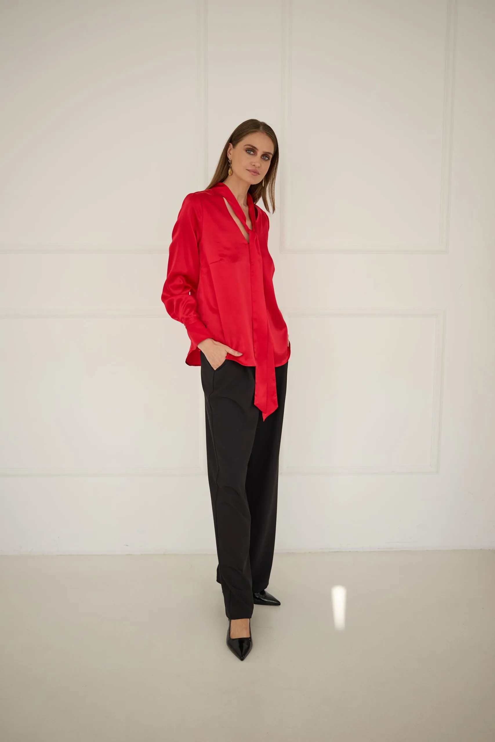 Silk Blouse With a Sash Red