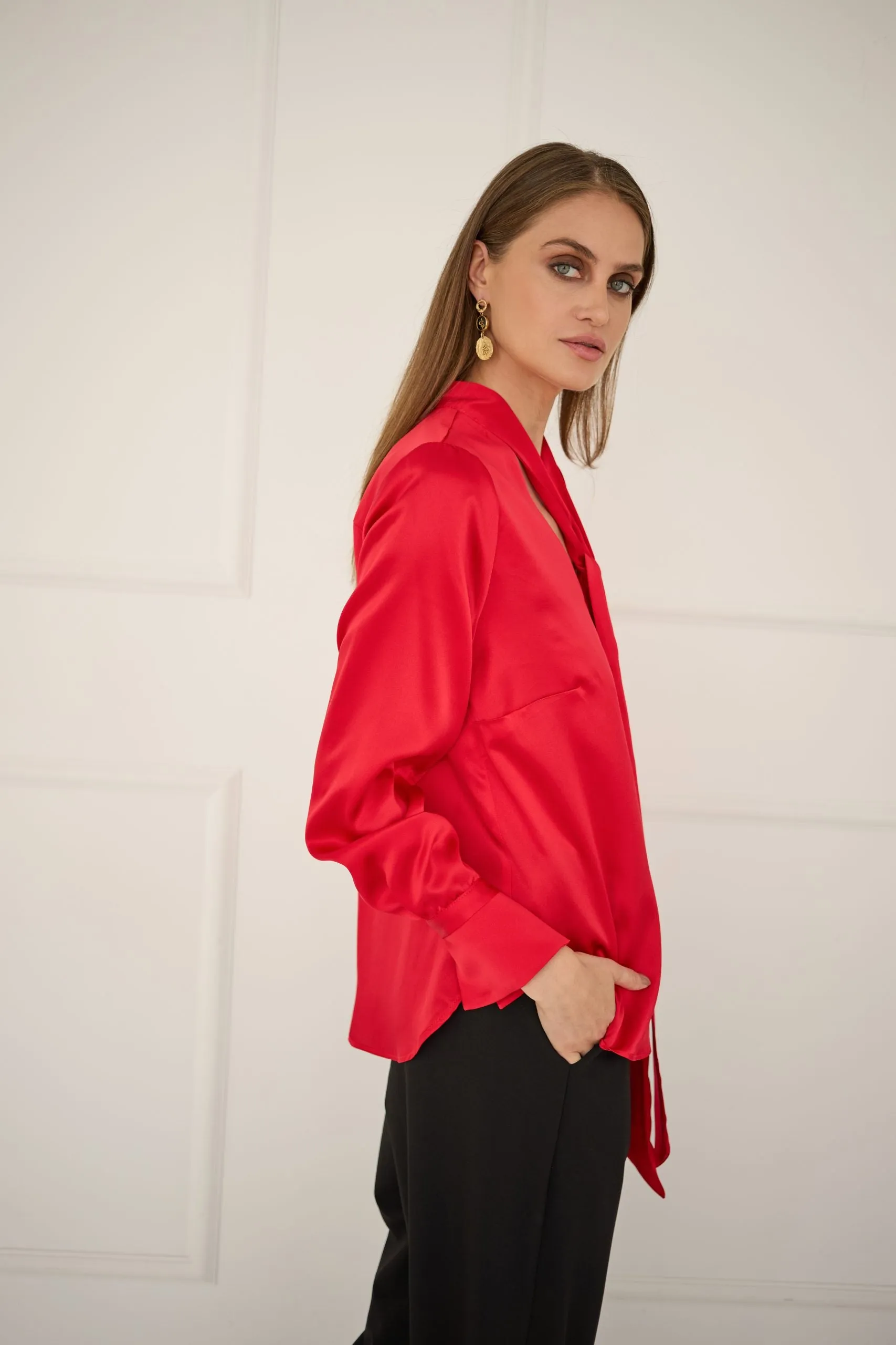 Silk Blouse With a Sash Red