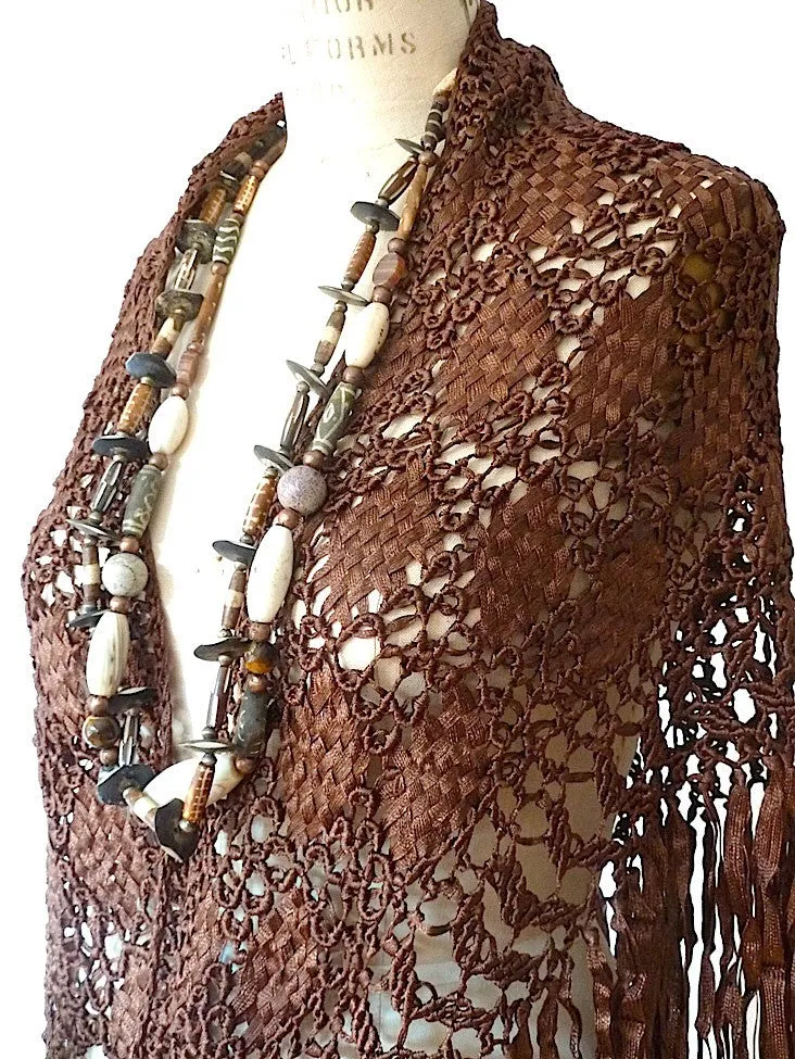 SILK MACRAME TRIANGLE SHAWL CHOCOLATE