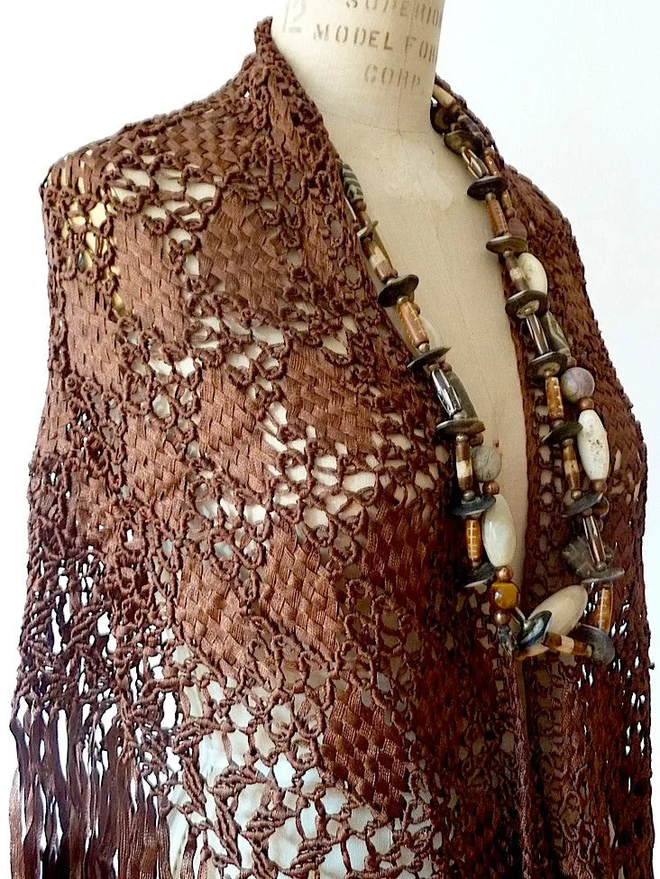 SILK MACRAME TRIANGLE SHAWL CHOCOLATE