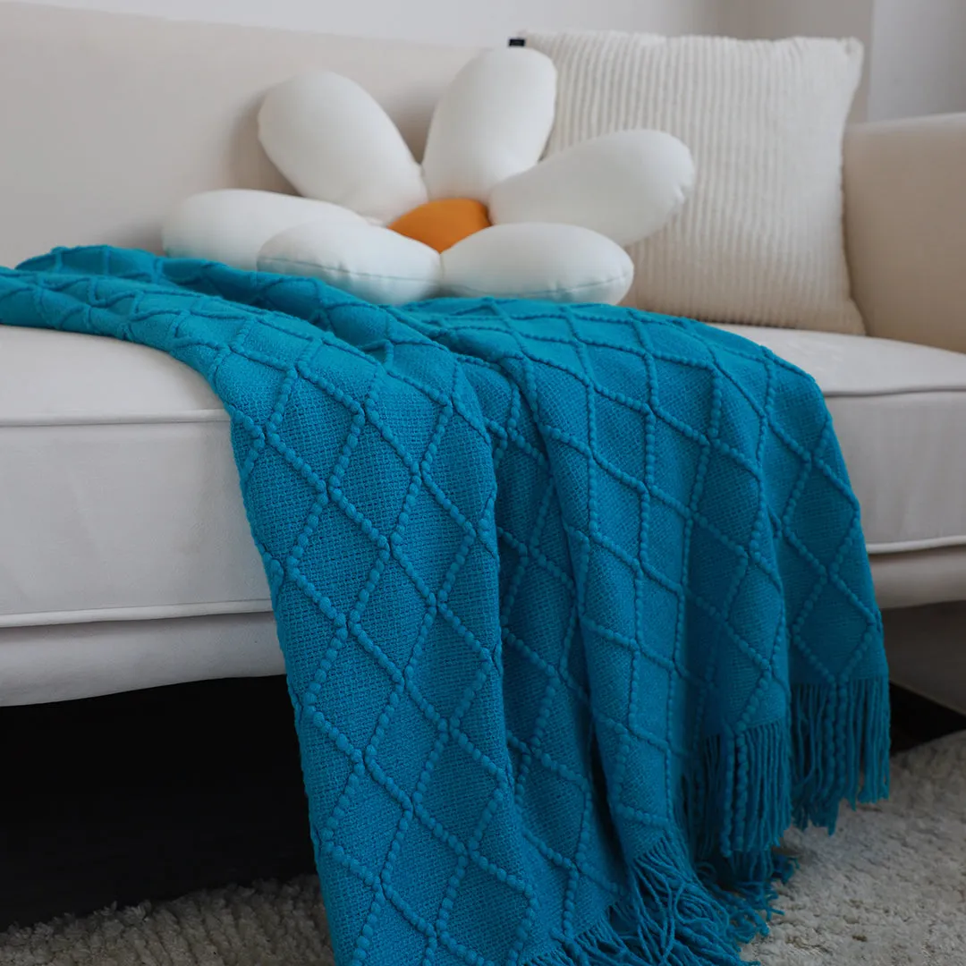 SOGA 2X Blue Diamond Pattern Knitted Throw Blanket Warm Cozy Woven Cover Couch Bed Sofa Home Decor with Tassels