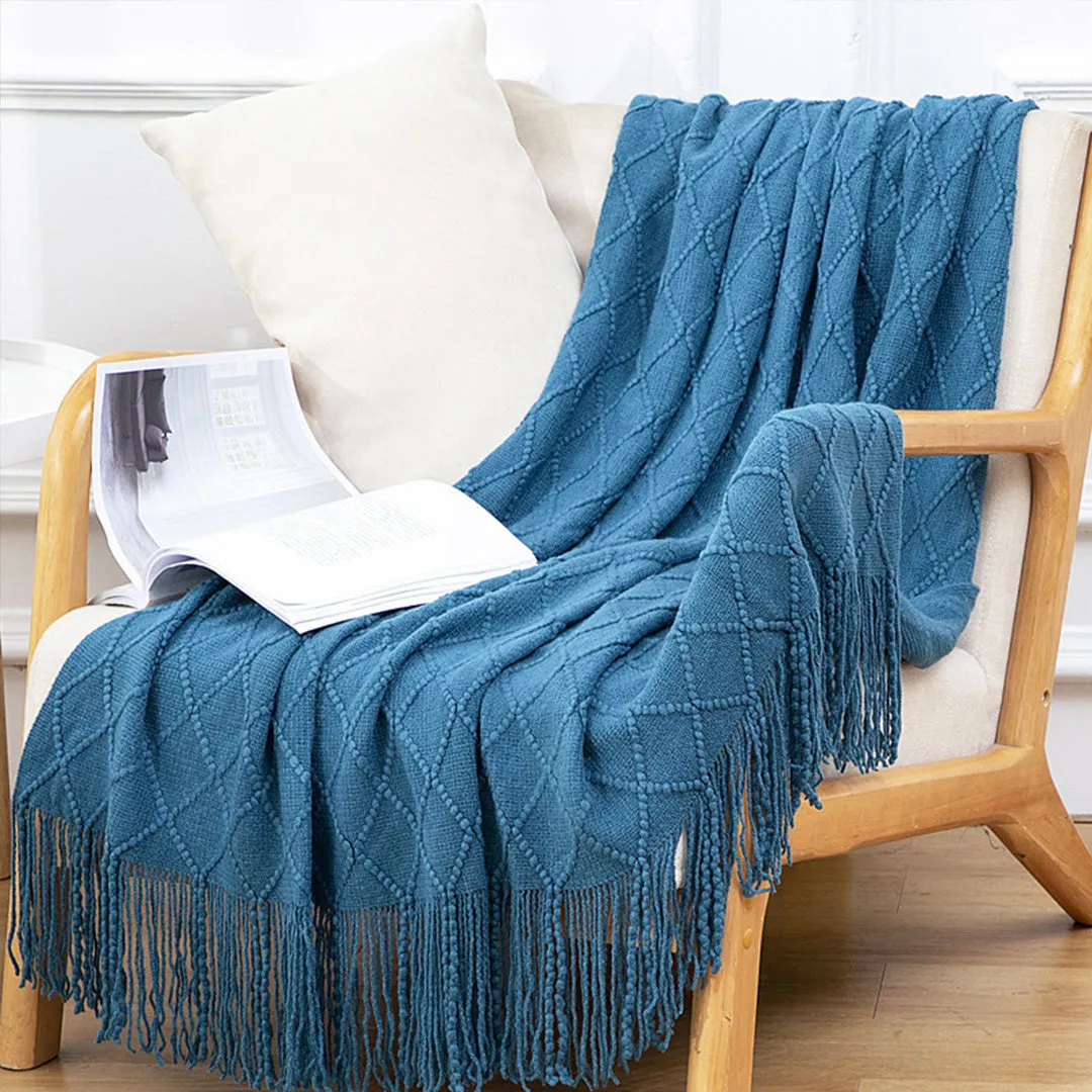 SOGA 2X Blue Diamond Pattern Knitted Throw Blanket Warm Cozy Woven Cover Couch Bed Sofa Home Decor with Tassels