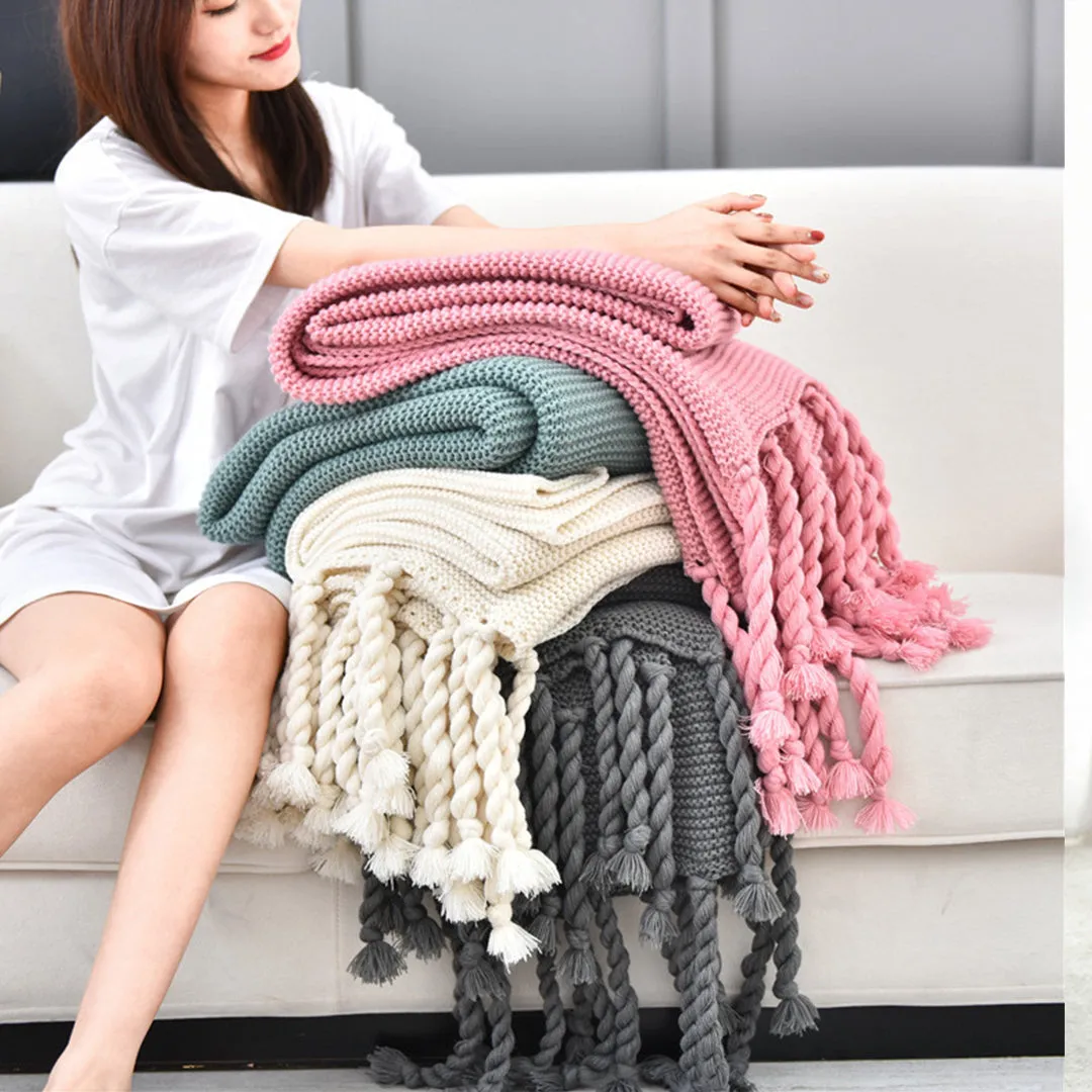 SOGA 2X Green Tassel Fringe Knitting Blanket Warm Cozy Woven Cover Couch Bed Sofa Home Decor