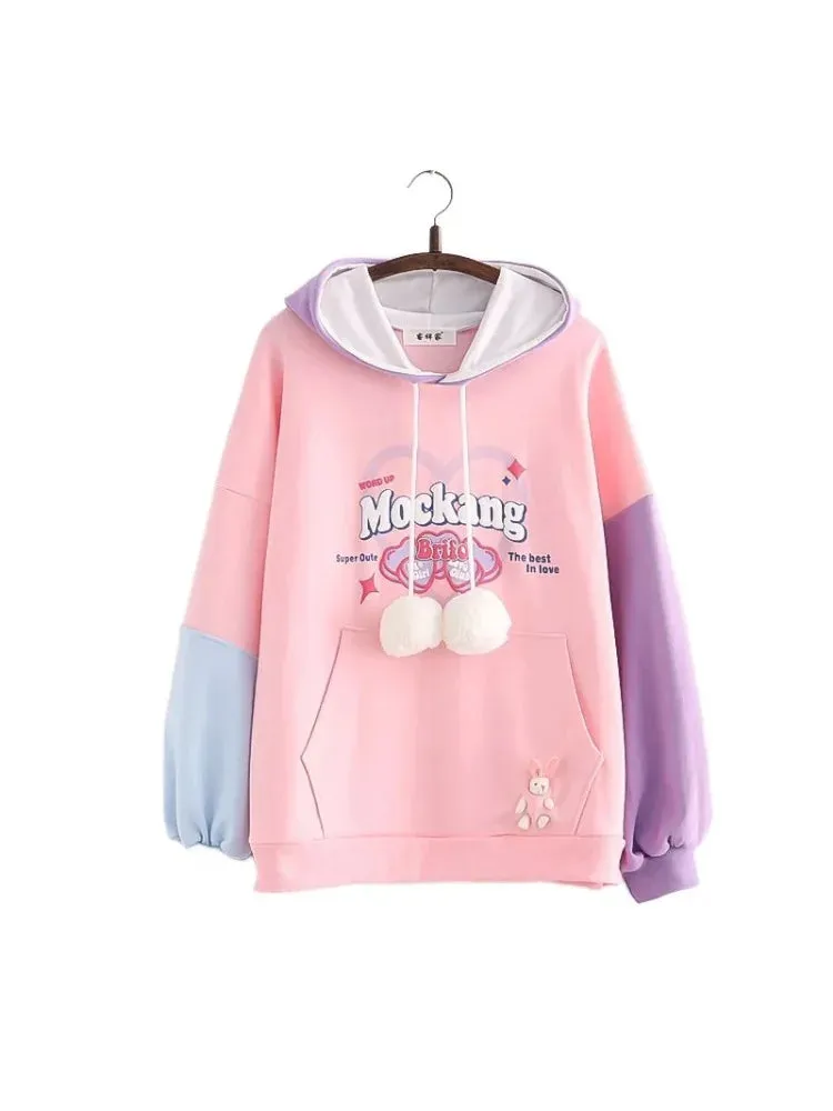 Sweet Style Letter Print Patchwork Harakuju Women Hoodies Drawstring Hooded Sweatshirt Winter Female Cotton Kawaii Pullover