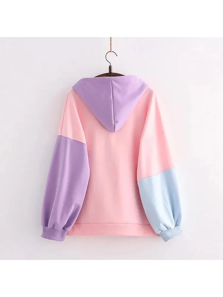 Sweet Style Letter Print Patchwork Harakuju Women Hoodies Drawstring Hooded Sweatshirt Winter Female Cotton Kawaii Pullover