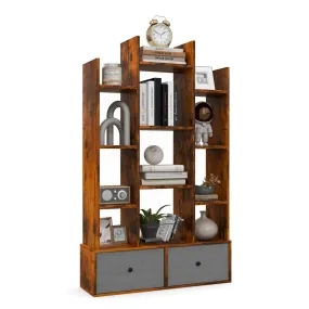 Tangkula Tree Shaped Bookcase with 2 Drawers, Free Standing Bookshelf with 12 Open Storage Shelves