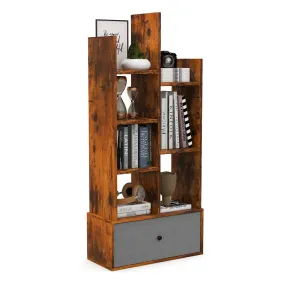 Tangkula Tree Shaped Bookcase with Drawer, Free Standing Bookshelf with 7 Open Storage Shelves