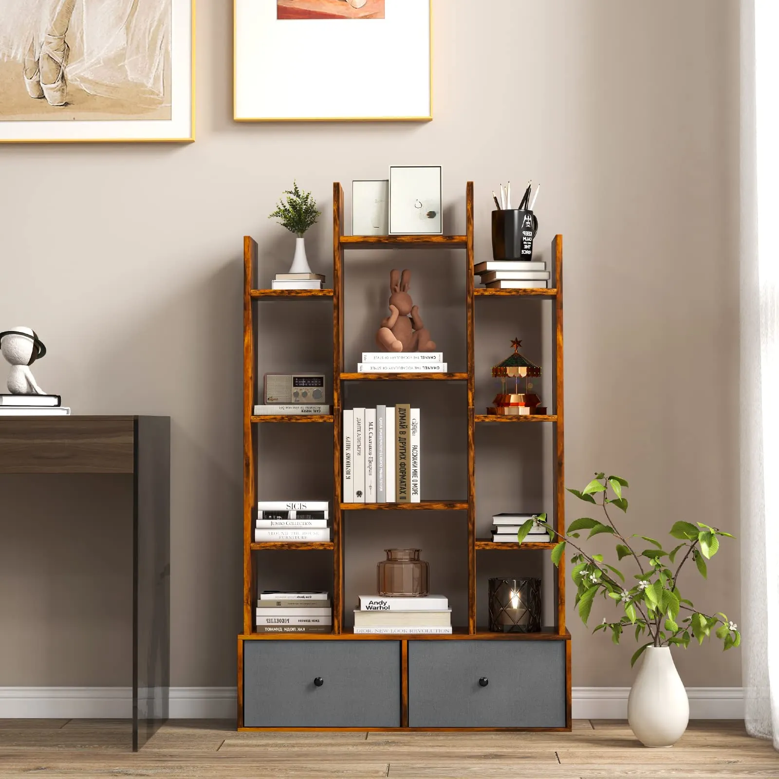 Tangkula Tree Shaped Bookcase with Drawer, Free Standing Bookshelf with 7 Open Storage Shelves