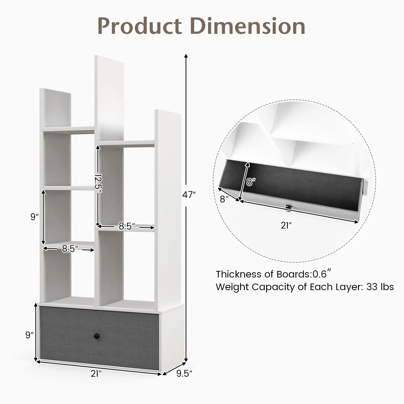 Tangkula Tree Shaped Bookcase with Drawer, Free Standing Bookshelf with 7 Open Storage Shelves