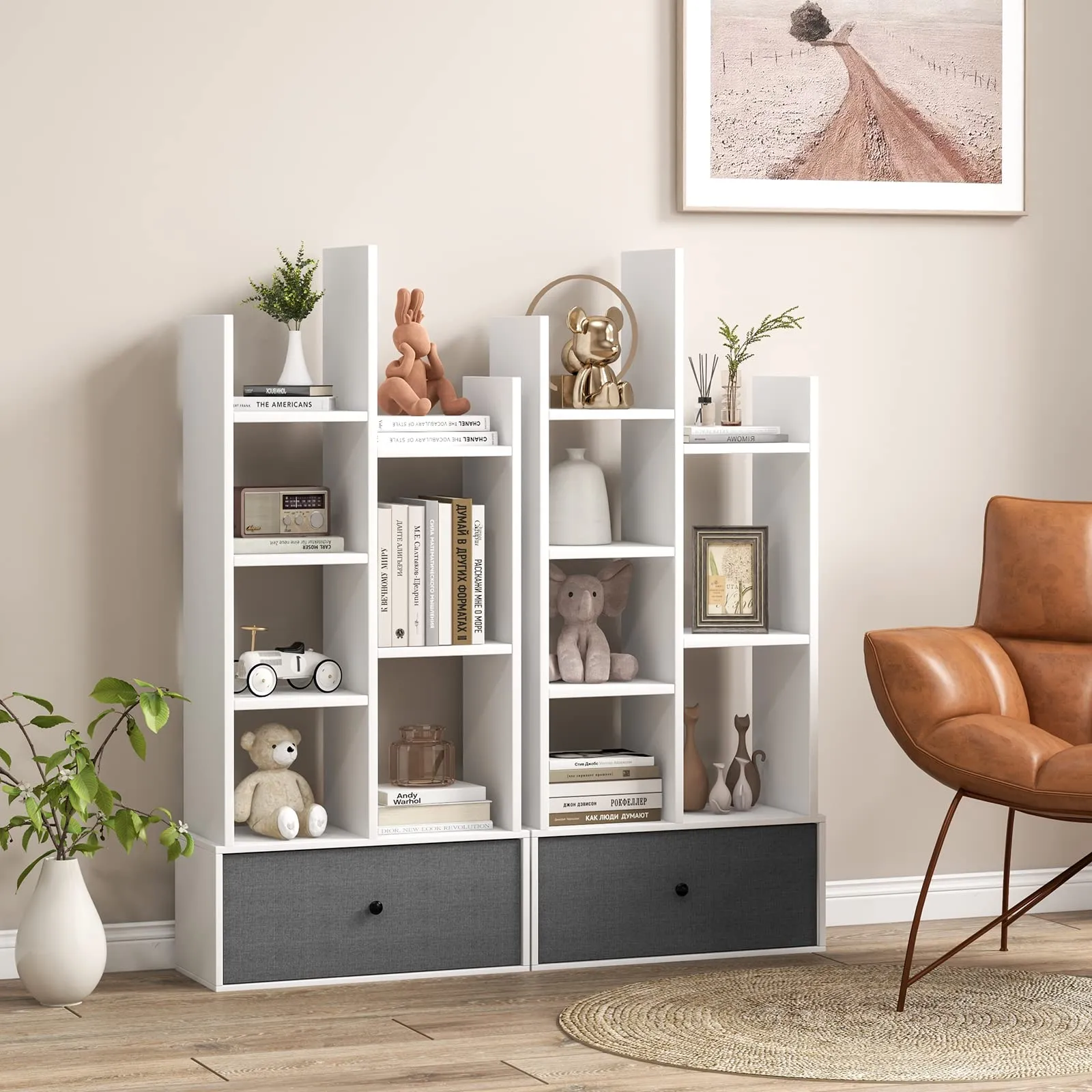 Tangkula Tree Shaped Bookcase with Drawer, Free Standing Bookshelf with 7 Open Storage Shelves