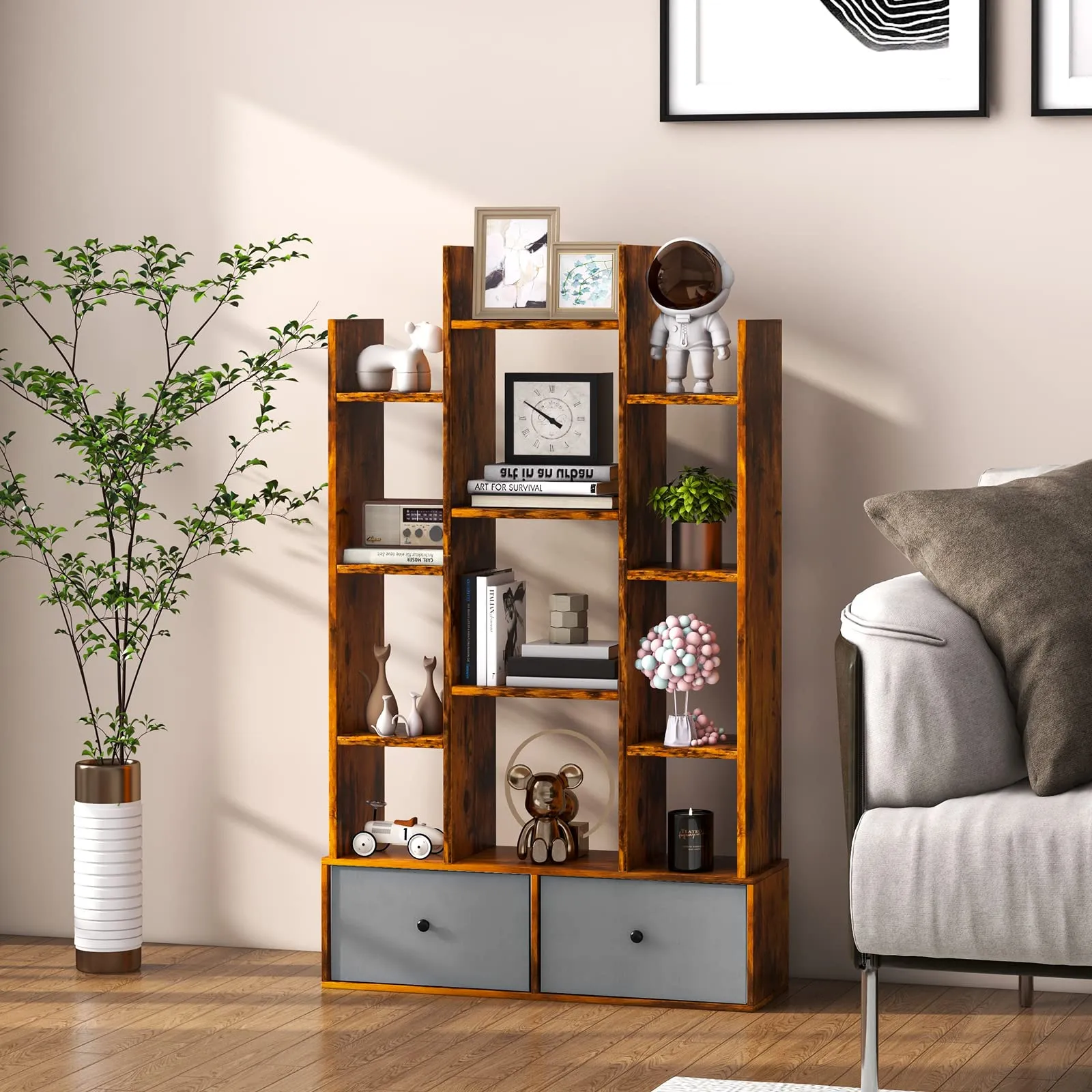 Tangkula Tree Shaped Bookcase with Drawer, Free Standing Bookshelf with 7 Open Storage Shelves