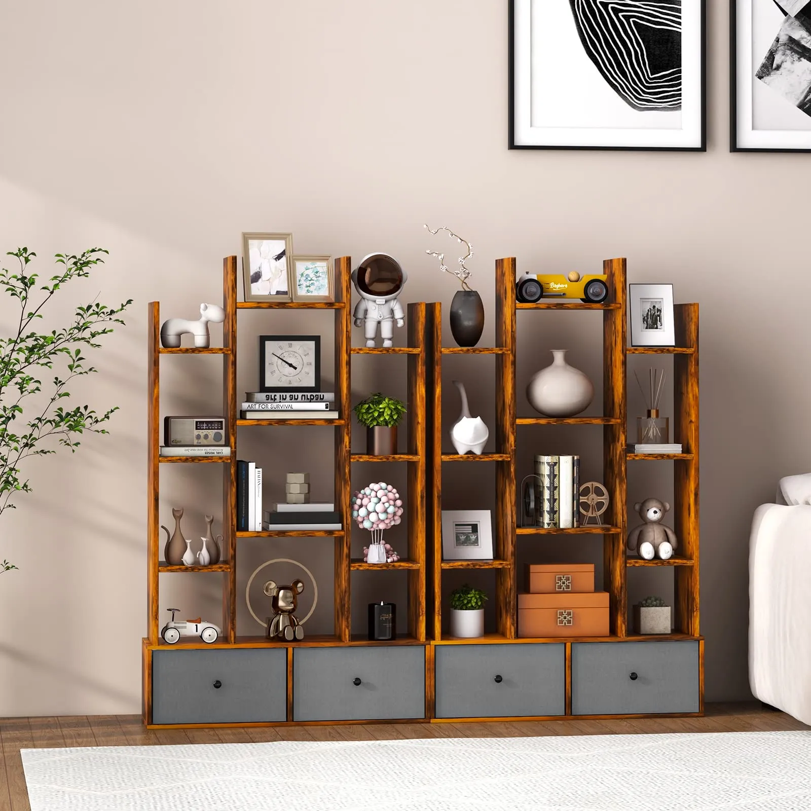 Tangkula Tree Shaped Bookcase with Drawer, Free Standing Bookshelf with 7 Open Storage Shelves