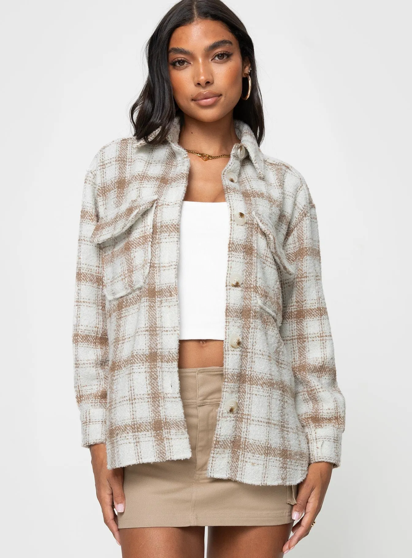 Tenelle Oversized Shacket Beige Plaid