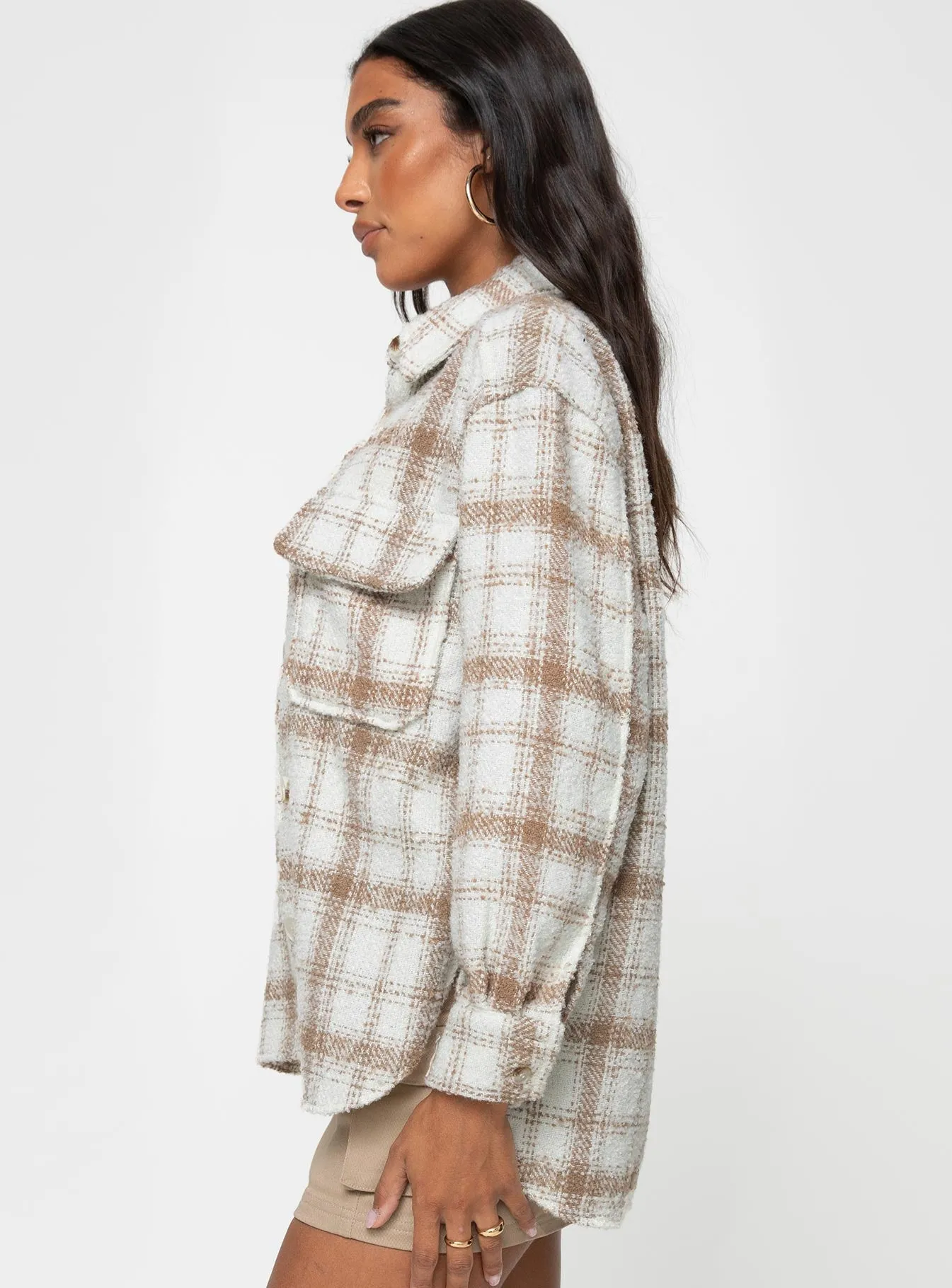 Tenelle Oversized Shacket Beige Plaid