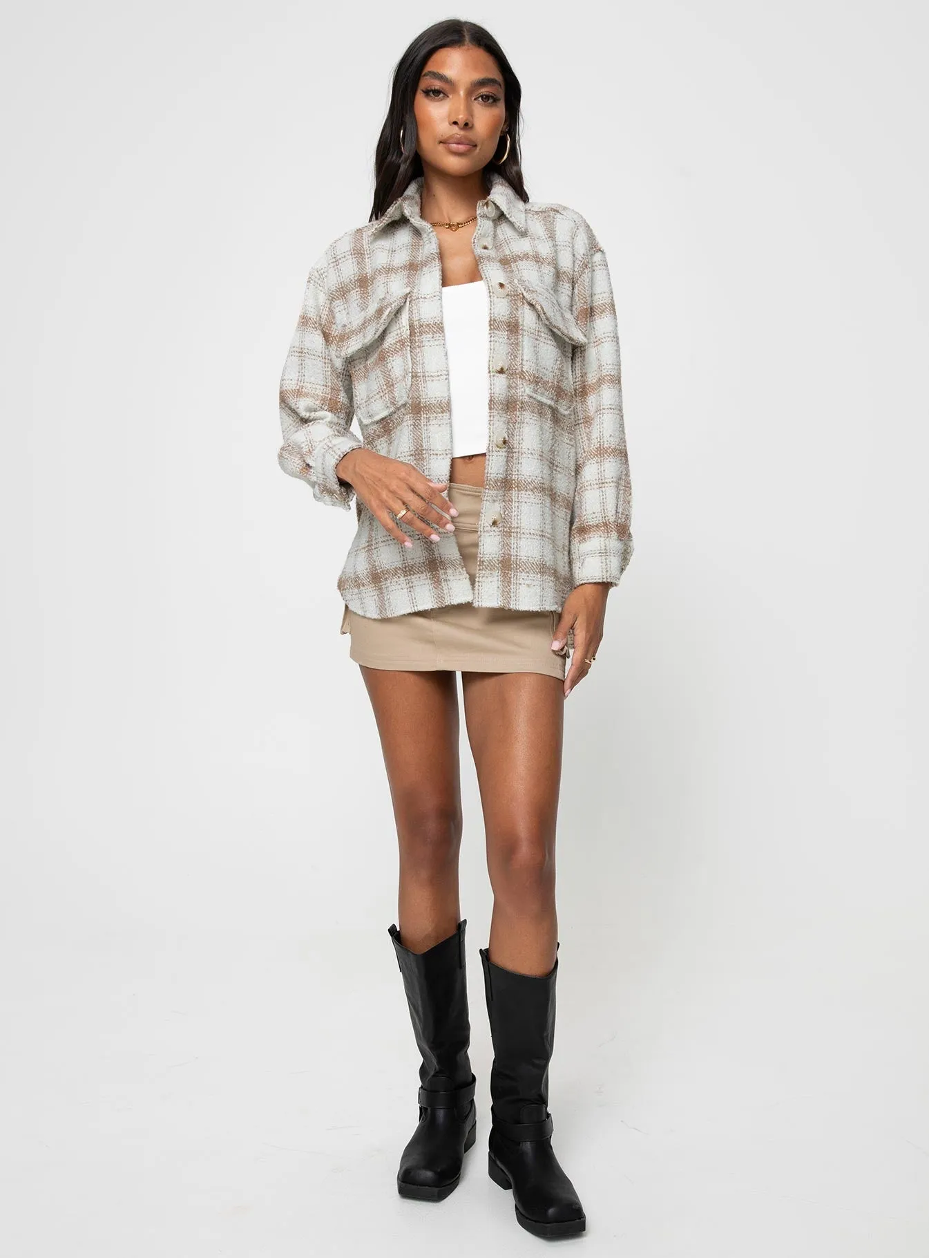 Tenelle Oversized Shacket Beige Plaid