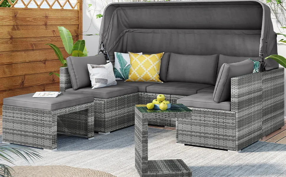 TOPMAX 5 Pieces Outdoor Sectional Patio Rattan Sofa Set Rattan Daybed , PE Wicker Conversation Furniture Set w/ Canopy and Tempered Glass Side Table, Gray