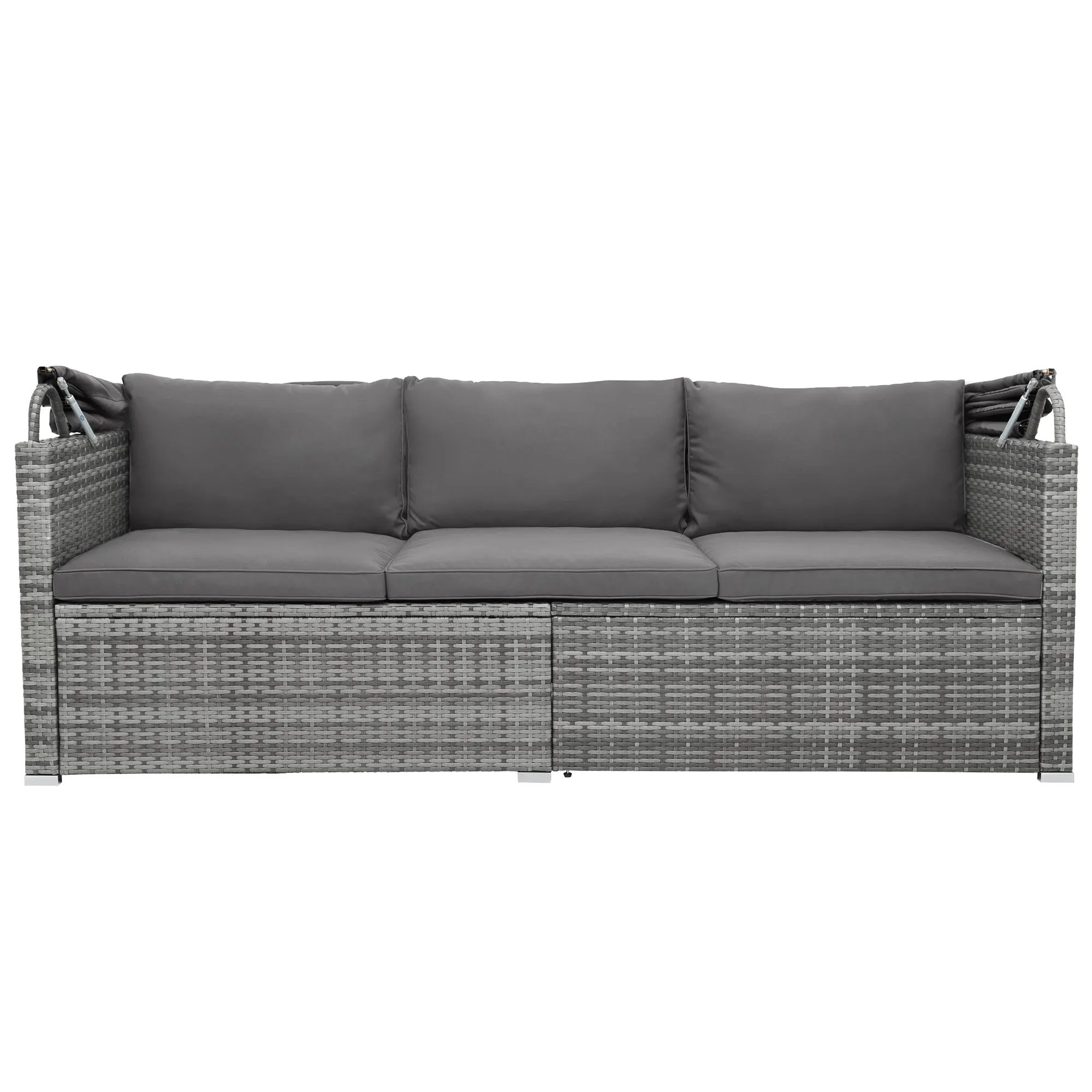 TOPMAX 5 Pieces Outdoor Sectional Patio Rattan Sofa Set Rattan Daybed , PE Wicker Conversation Furniture Set w/ Canopy and Tempered Glass Side Table, Gray