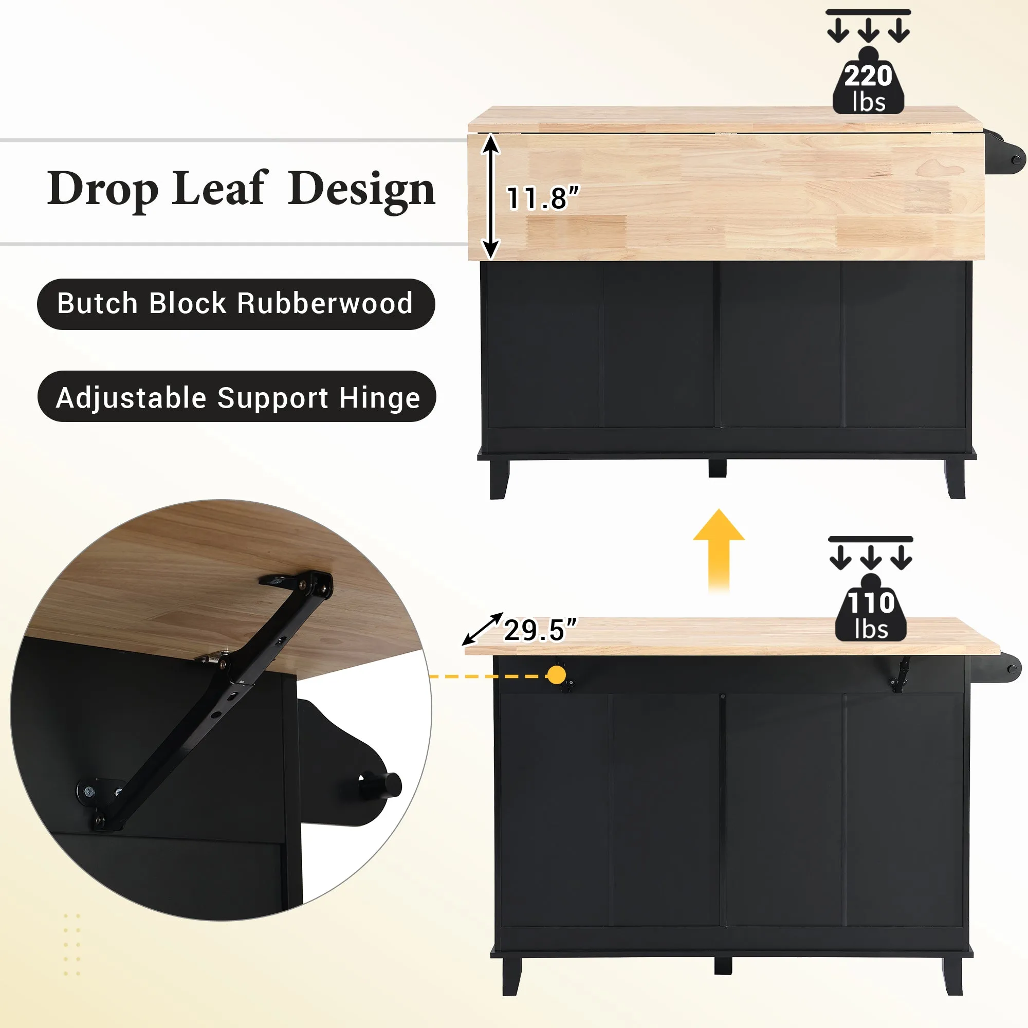 TOPMAX Farmhouse Kitchen Island Set with Drop Leaf and 2 Seatings,Dining Table Set with Storage Cabinet, Drawers and Towel Rack, Black Rustic Brown