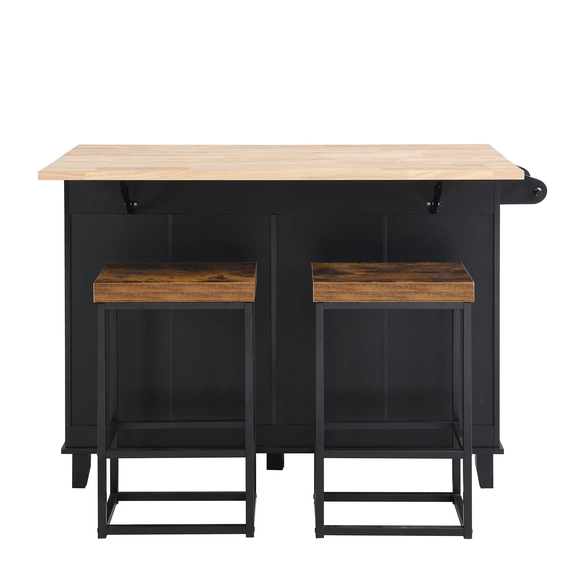 TOPMAX Farmhouse Kitchen Island Set with Drop Leaf and 2 Seatings,Dining Table Set with Storage Cabinet, Drawers and Towel Rack, Black Rustic Brown