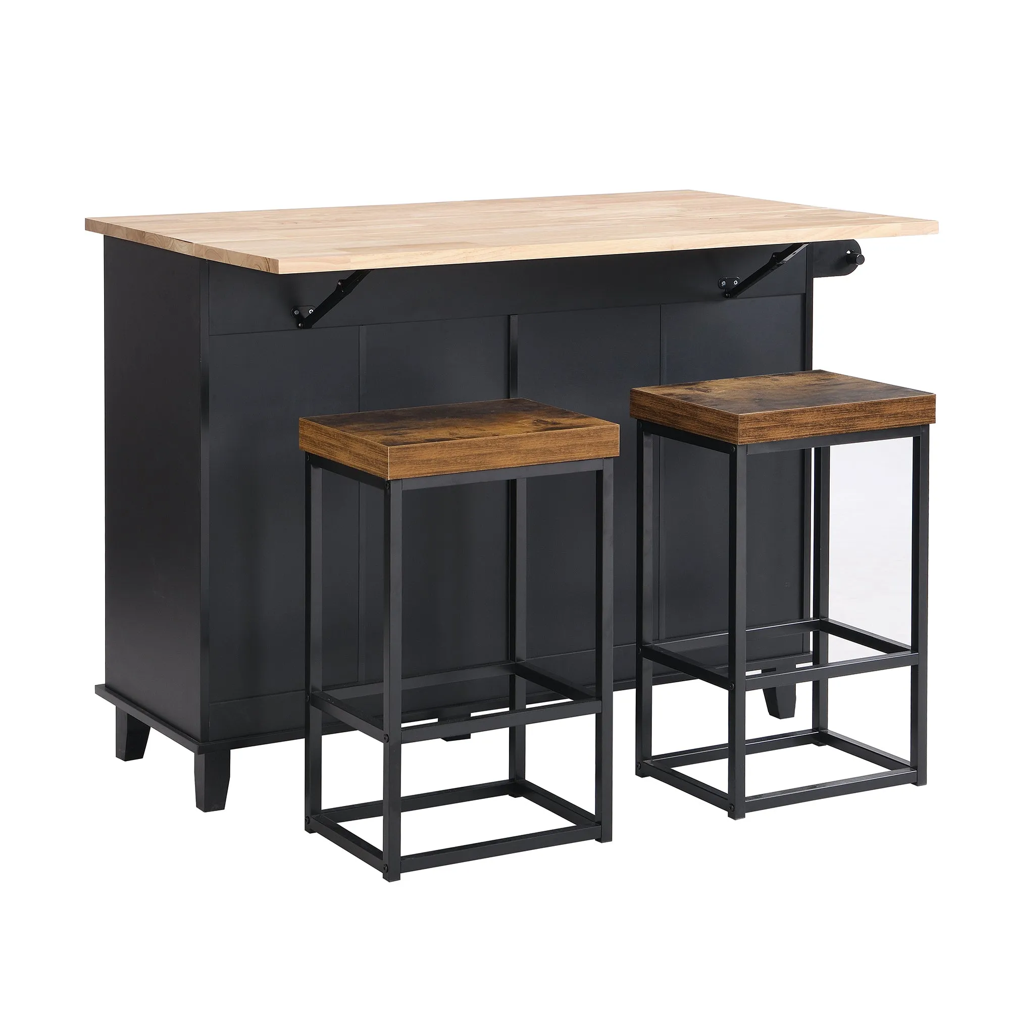 TOPMAX Farmhouse Kitchen Island Set with Drop Leaf and 2 Seatings,Dining Table Set with Storage Cabinet, Drawers and Towel Rack, Black Rustic Brown