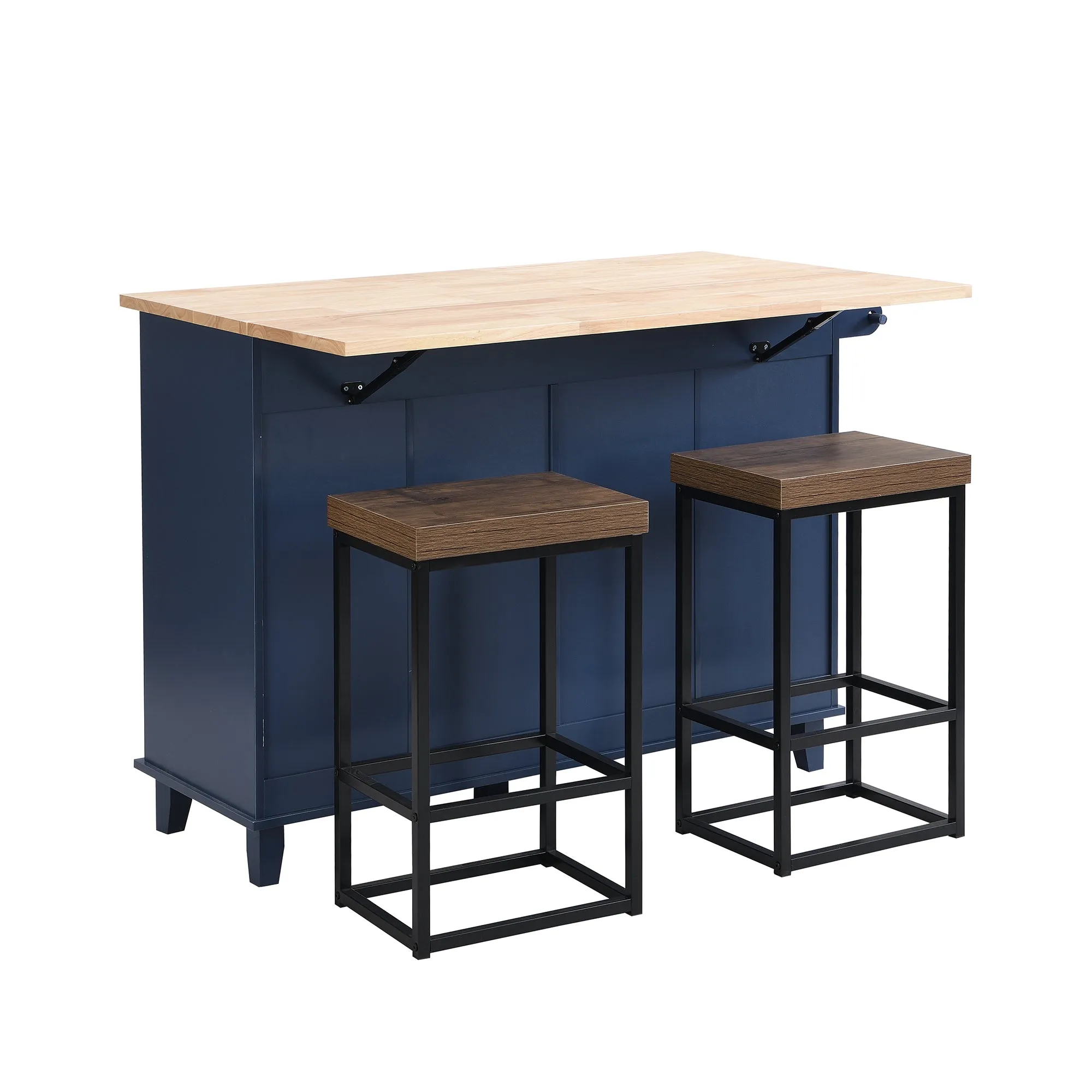 TOPMAX Farmhouse Kitchen Island Set with Drop Leaf and 2 Seatings,Dining Table Set with Storage Cabinet, Drawers and Towel Rack, Blue Black Brown