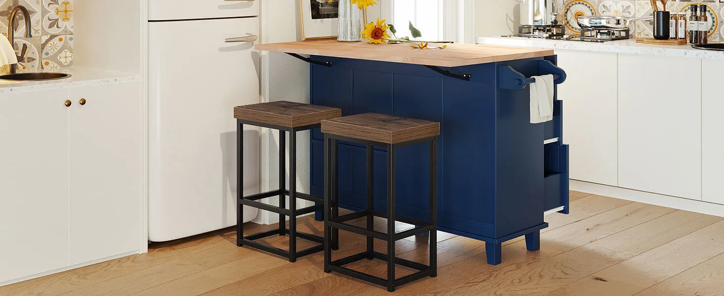 TOPMAX Farmhouse Kitchen Island Set with Drop Leaf and 2 Seatings,Dining Table Set with Storage Cabinet, Drawers and Towel Rack, Blue Black Brown