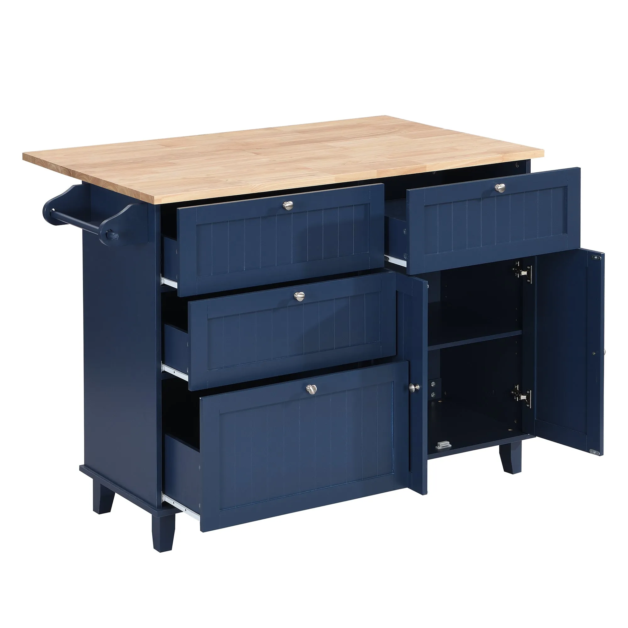 TOPMAX Farmhouse Kitchen Island Set with Drop Leaf and 2 Seatings,Dining Table Set with Storage Cabinet, Drawers and Towel Rack, Blue Black Brown