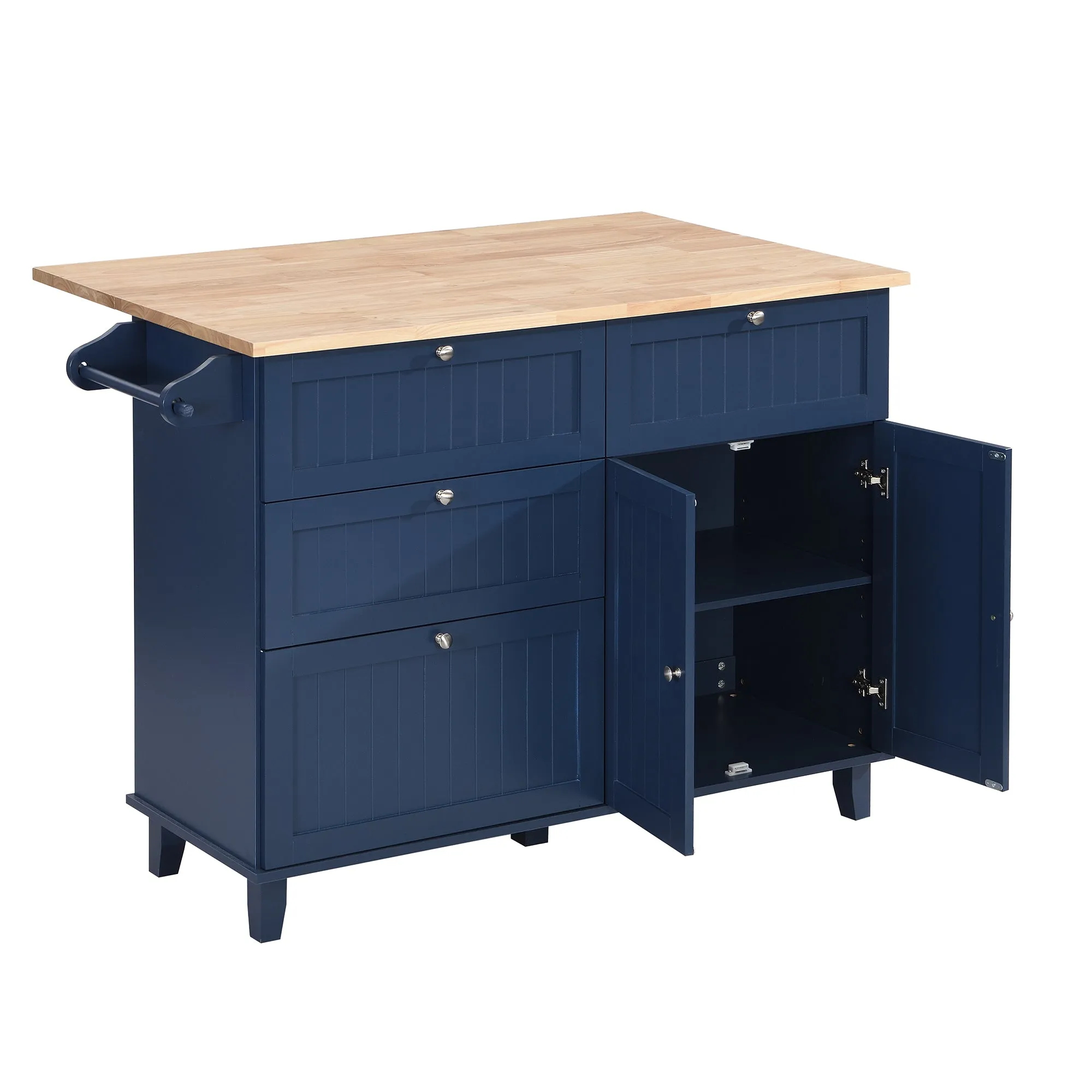 TOPMAX Farmhouse Kitchen Island Set with Drop Leaf and 2 Seatings,Dining Table Set with Storage Cabinet, Drawers and Towel Rack, Blue Black Brown