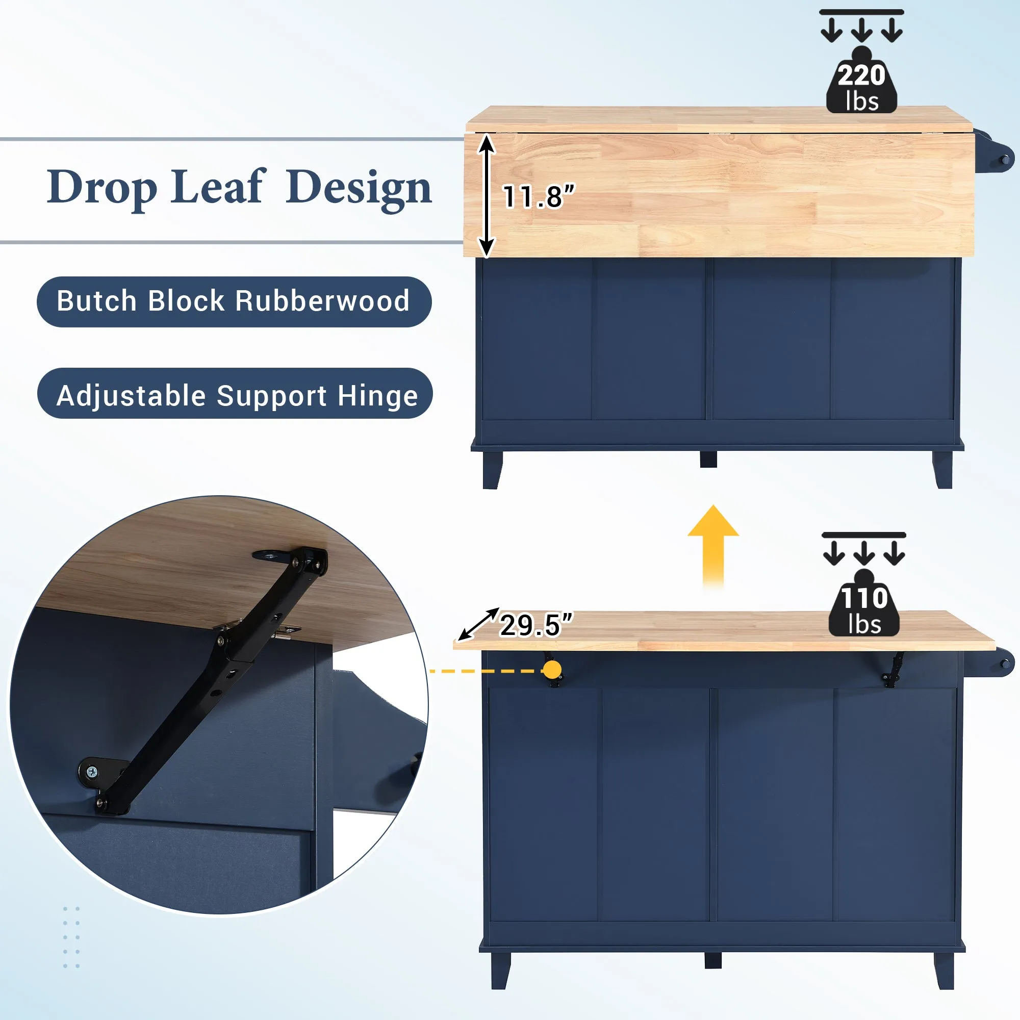 TOPMAX Farmhouse Kitchen Island Set with Drop Leaf and 2 Seatings,Dining Table Set with Storage Cabinet, Drawers and Towel Rack, Blue Black Brown