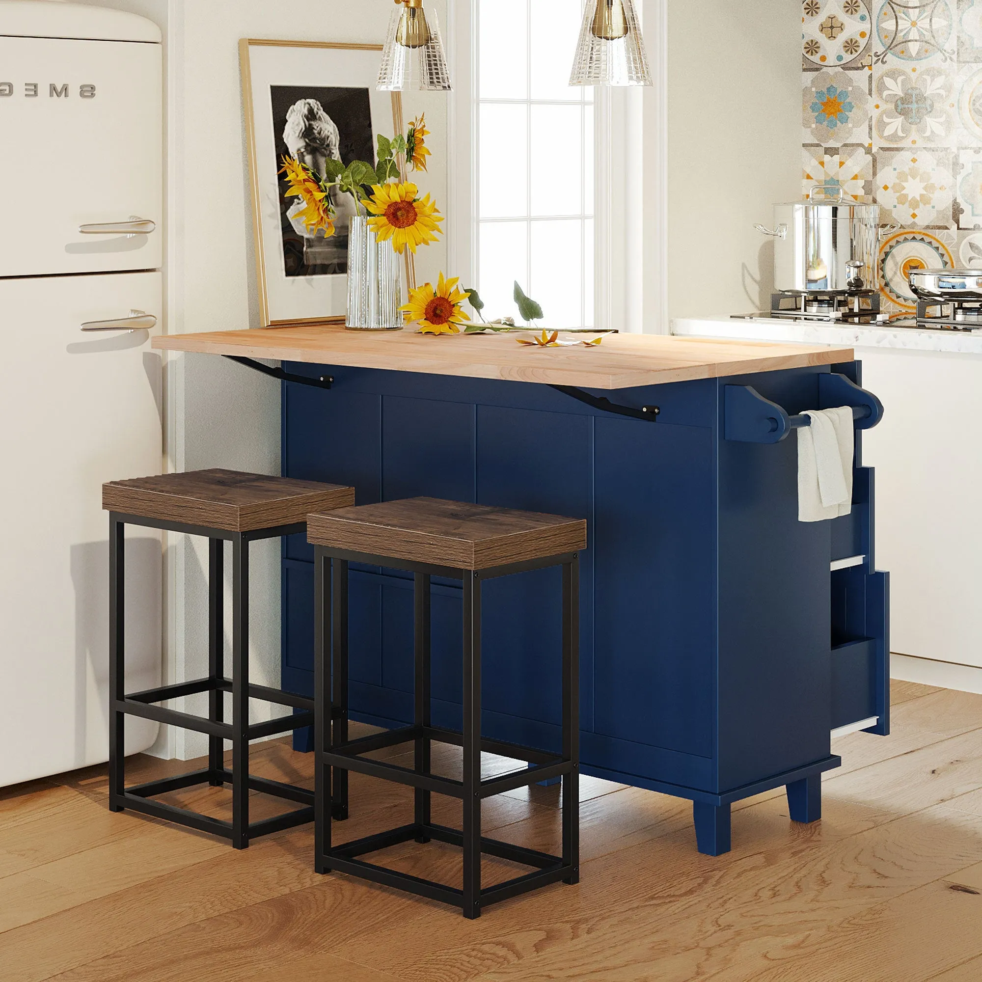 TOPMAX Farmhouse Kitchen Island Set with Drop Leaf and 2 Seatings,Dining Table Set with Storage Cabinet, Drawers and Towel Rack, Blue Black Brown