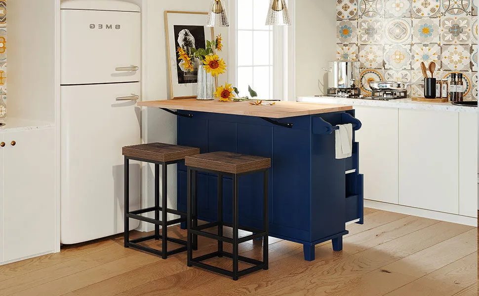 TOPMAX Farmhouse Kitchen Island Set with Drop Leaf and 2 Seatings,Dining Table Set with Storage Cabinet, Drawers and Towel Rack, Blue Black Brown