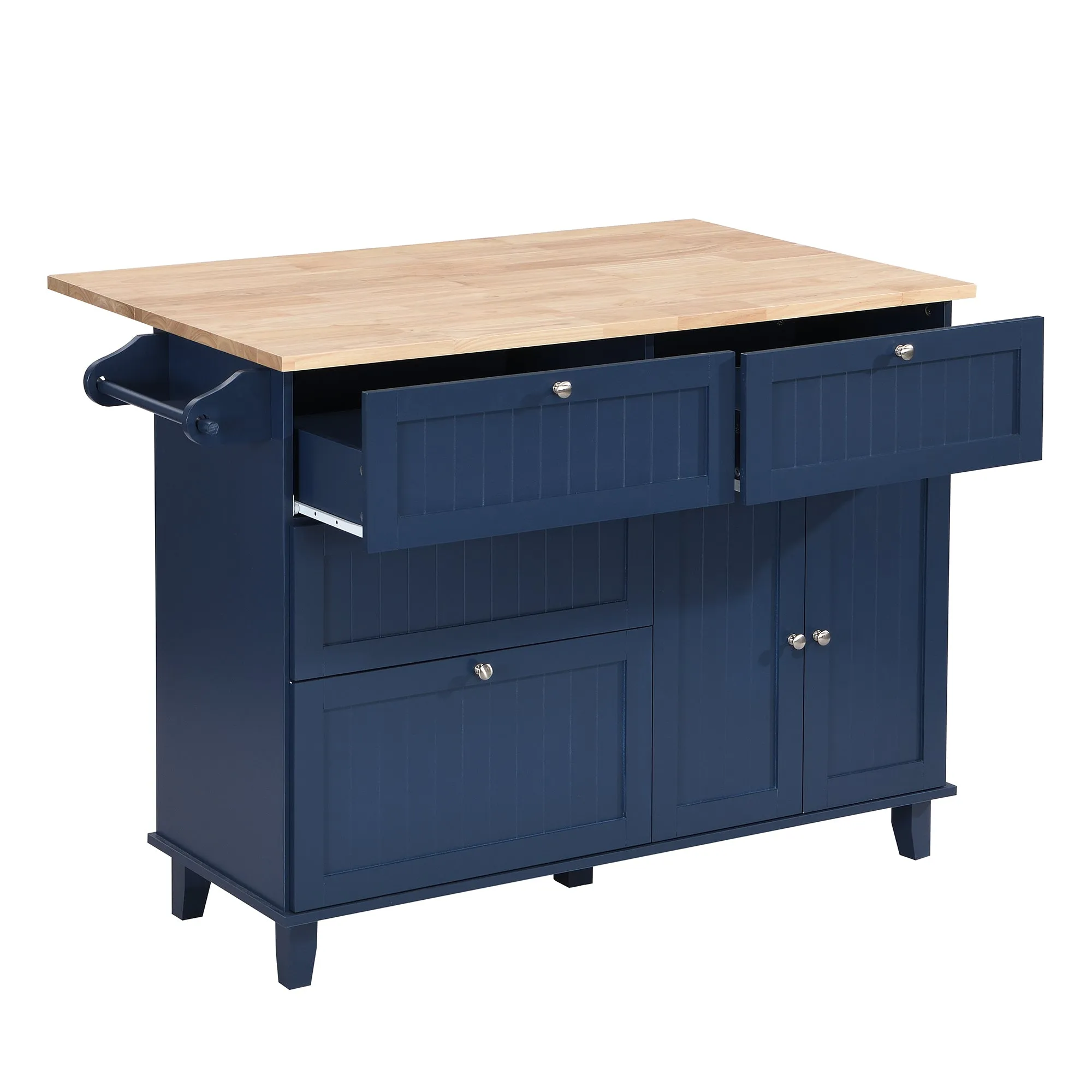 TOPMAX Farmhouse Kitchen Island Set with Drop Leaf and 2 Seatings,Dining Table Set with Storage Cabinet, Drawers and Towel Rack, Blue Black Brown