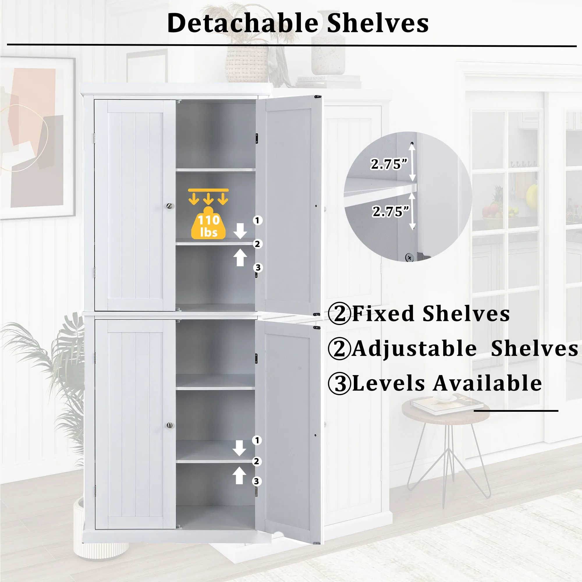 TOPMAX Freestanding Tall Kitchen Pantry, 72.4" Minimalist Kitchen Storage Cabinet Organizer with 4 Doors and Adjustable Shelves, White