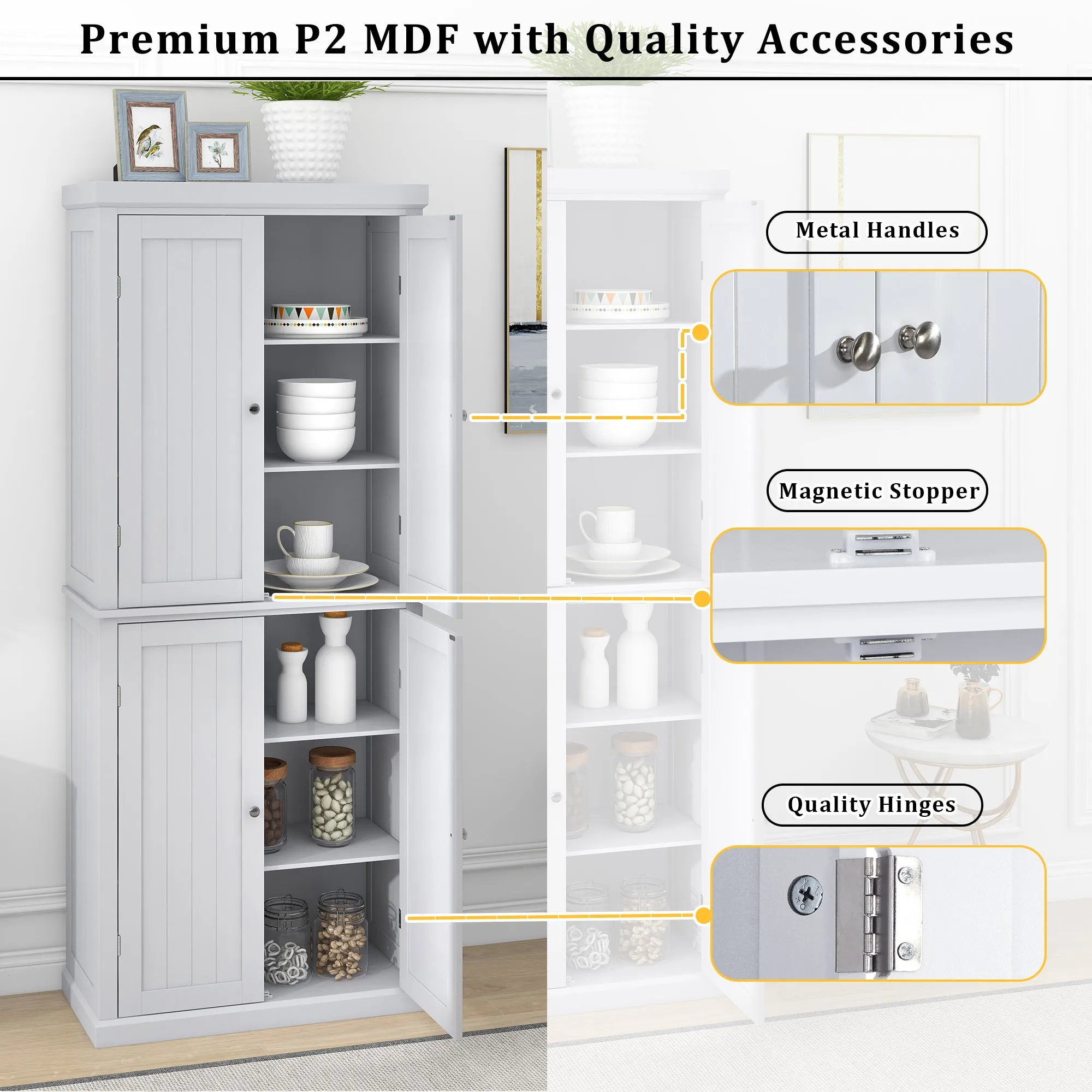 TOPMAX Freestanding Tall Kitchen Pantry, 72.4" Minimalist Kitchen Storage Cabinet Organizer with 4 Doors and Adjustable Shelves, White