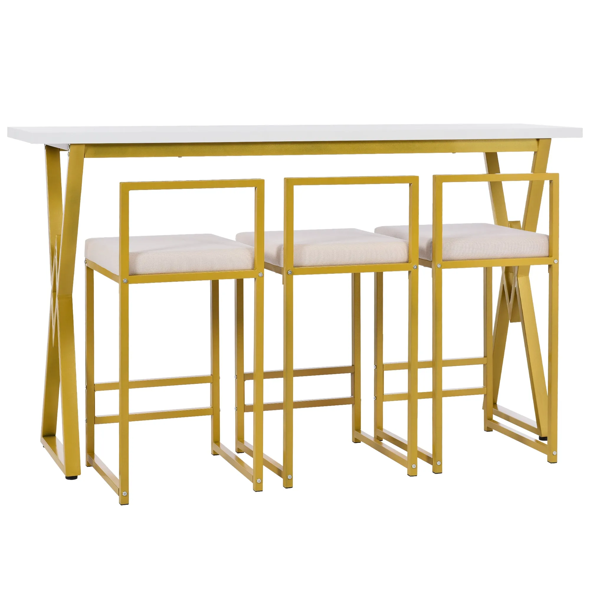 TOPMAX Modern 4-Piece Counter Height Extra Long Console Bar Dining Table Set with 3 Padded Stools  Gold