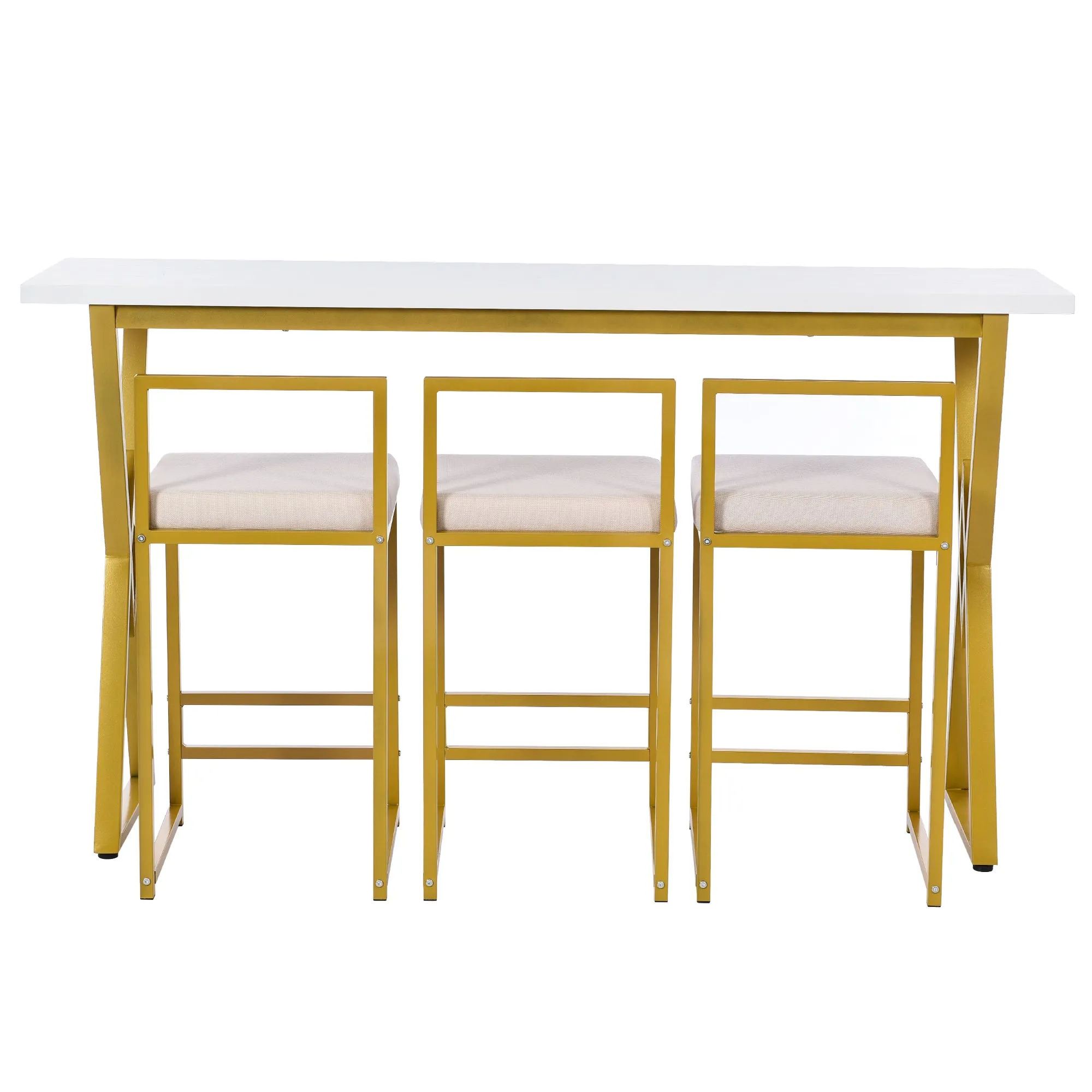 TOPMAX Modern 4-Piece Counter Height Extra Long Console Bar Dining Table Set with 3 Padded Stools  Gold