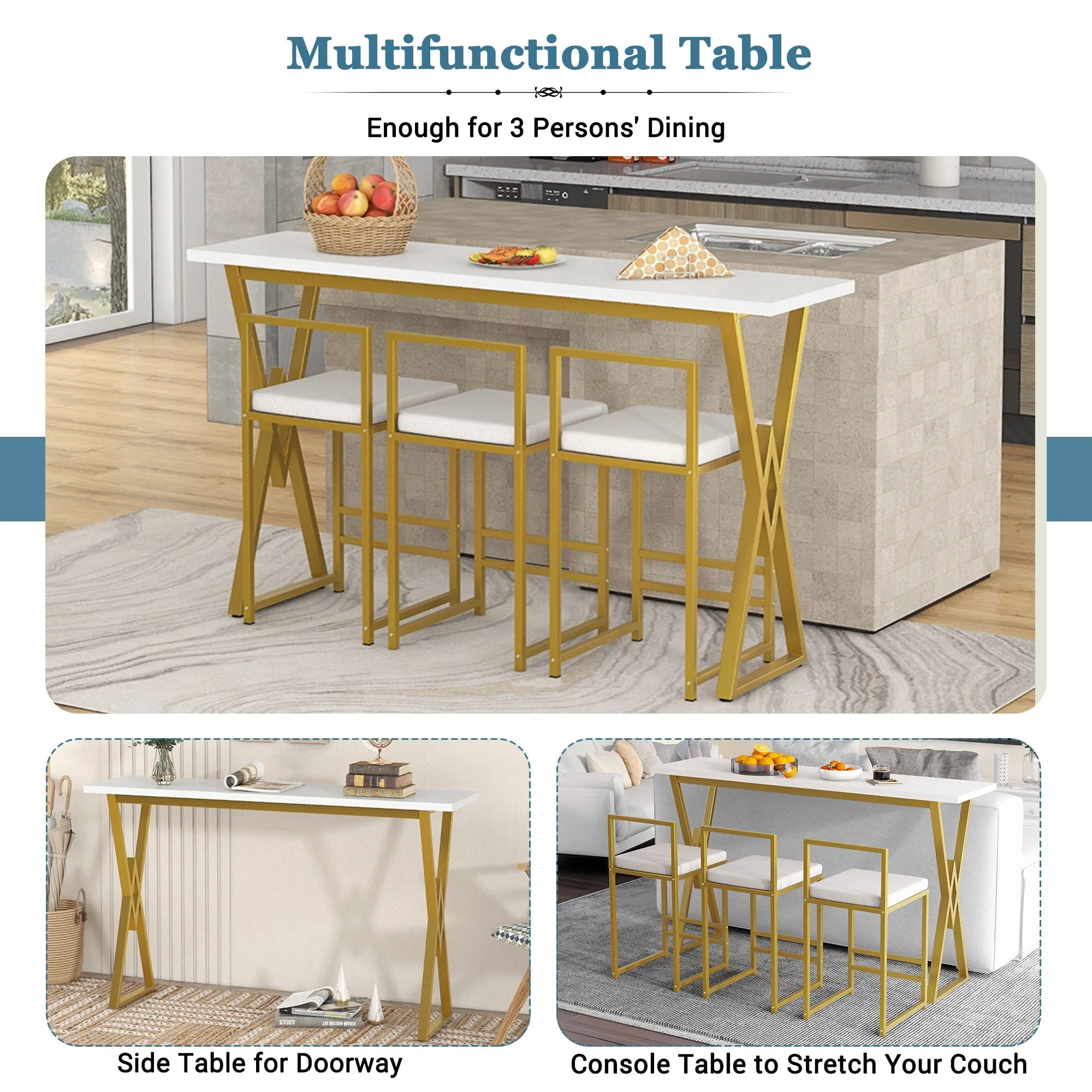 TOPMAX Modern 4-Piece Counter Height Extra Long Console Bar Dining Table Set with 3 Padded Stools  Gold