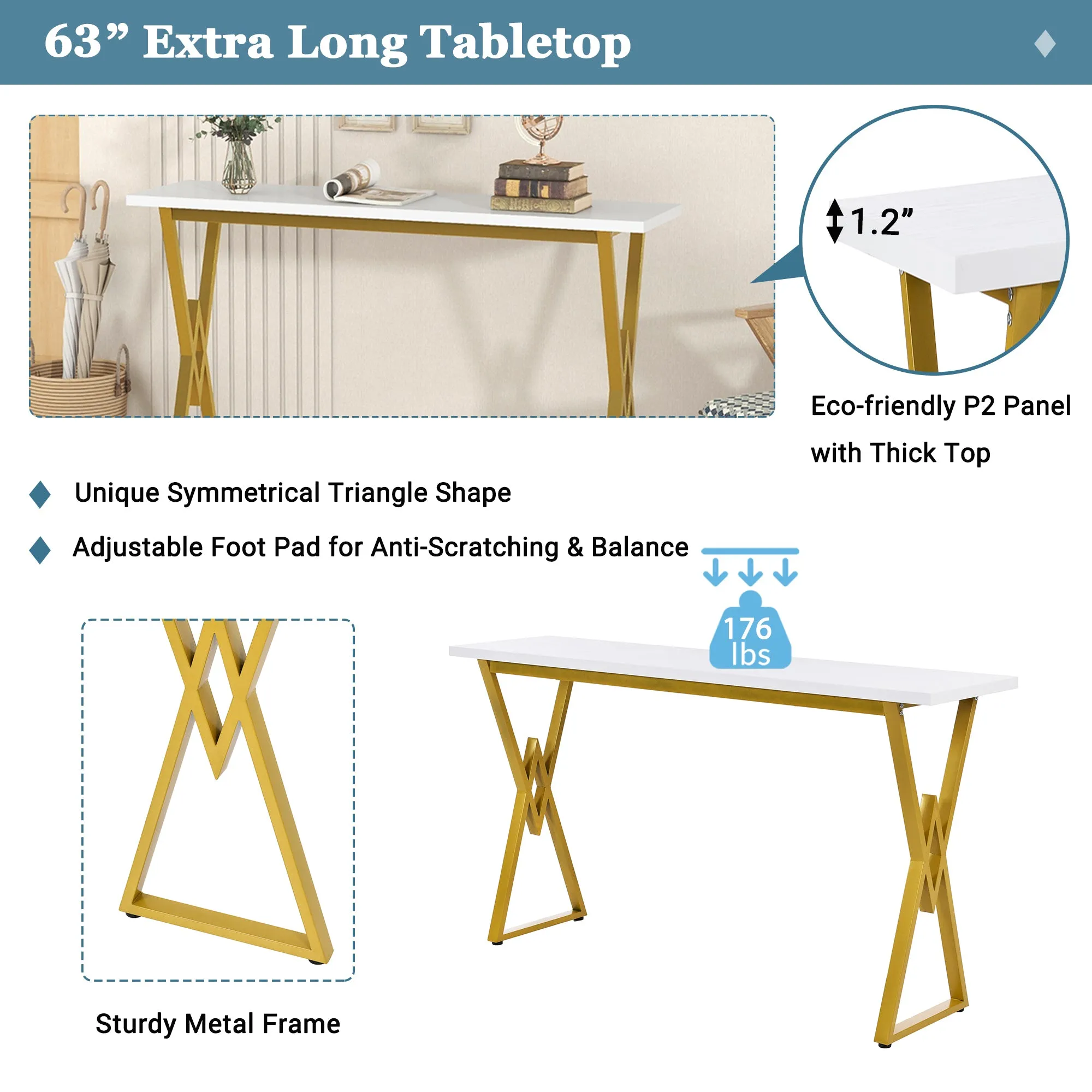 TOPMAX Modern 4-Piece Counter Height Extra Long Console Bar Dining Table Set with 3 Padded Stools  Gold