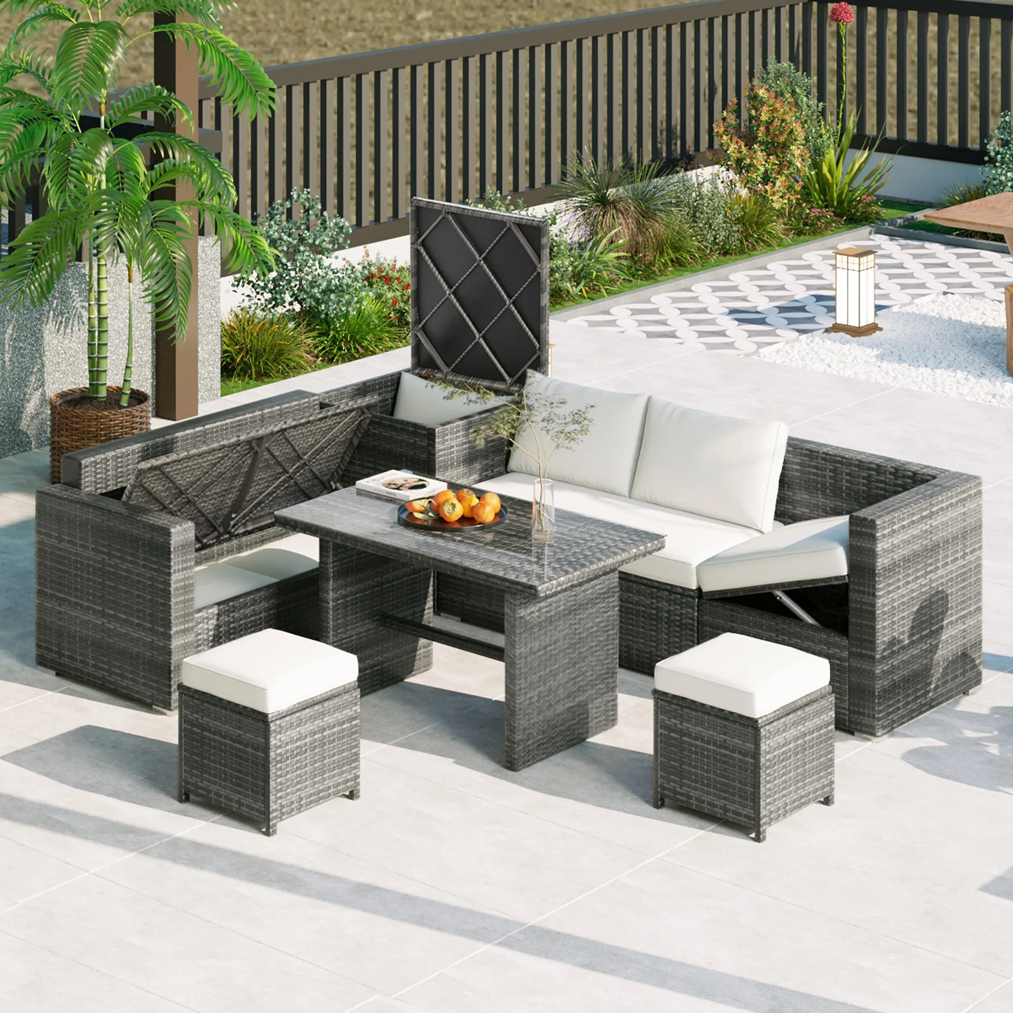 TOPMAX Outdoor 6-Piece All Weather PE Rattan Sofa Set, Garden Patio Wicker Sectional Furniture Set with Adjustable Seat, Storage Box, Removable Covers and Tempered Glass Top Table, Beige