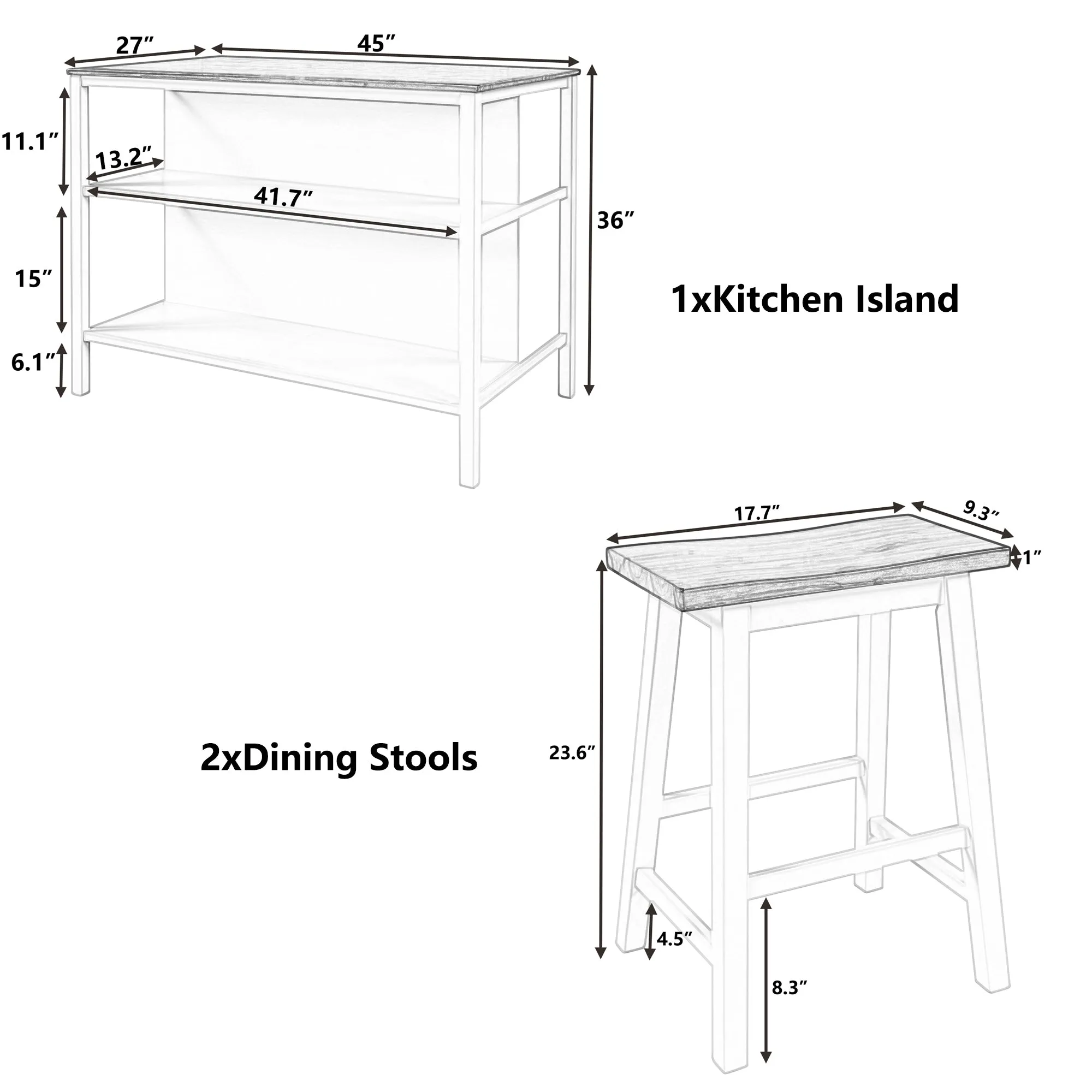 TOPMAX Solid Wood Rustic 3-piece 45" Stationary Kitchen Island Set with 2 Seatings, Rubber Wood Butcher Block Dining Table Set Prep Table Set with 2 Open Shelves for Small Places,Walnut Cream White