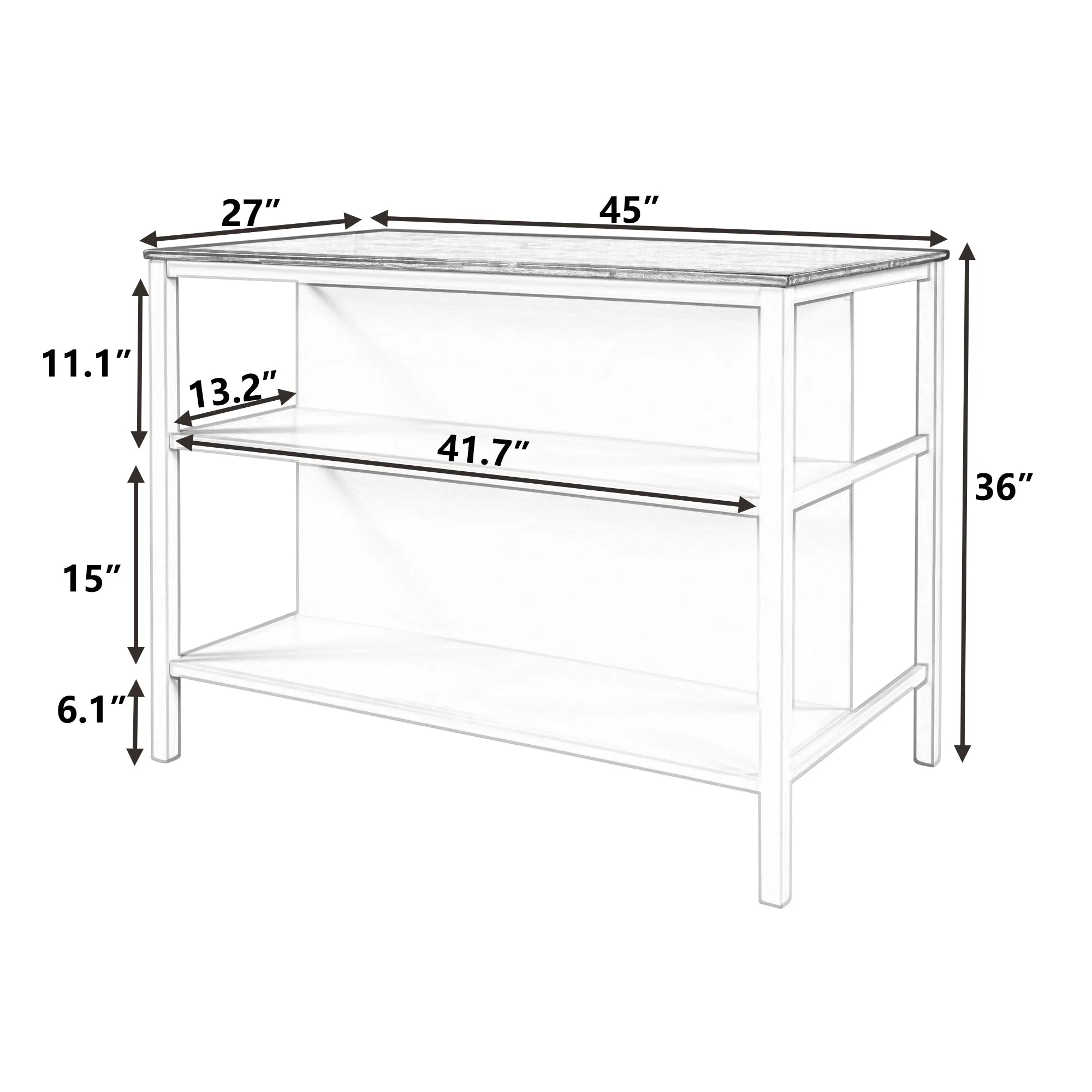 TOPMAX Solid Wood Rustic 45" Stationary Kitchen Island, Rubber Wood Butcher Block Dining Table Prep Table with 2 Open Shelves for Small Places,Walnut Cream White